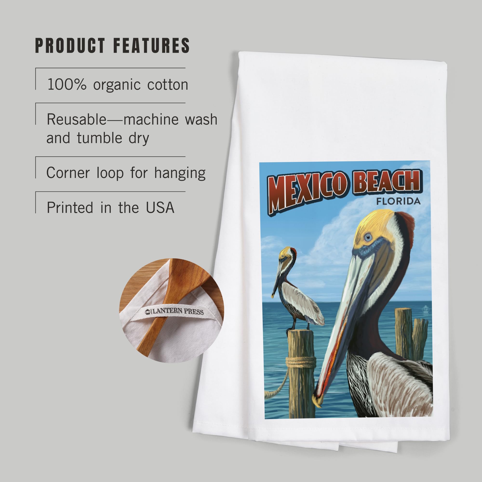 Lantern Press Mexico Beach Florida Brown Pelicans 100% Cotton Tea Towel - Decorative Hand Towel for Kitchen, Home Decor & Coastal Themed Gifts - Perfect for Dish Drying, Wall Art & Beach House Accents
