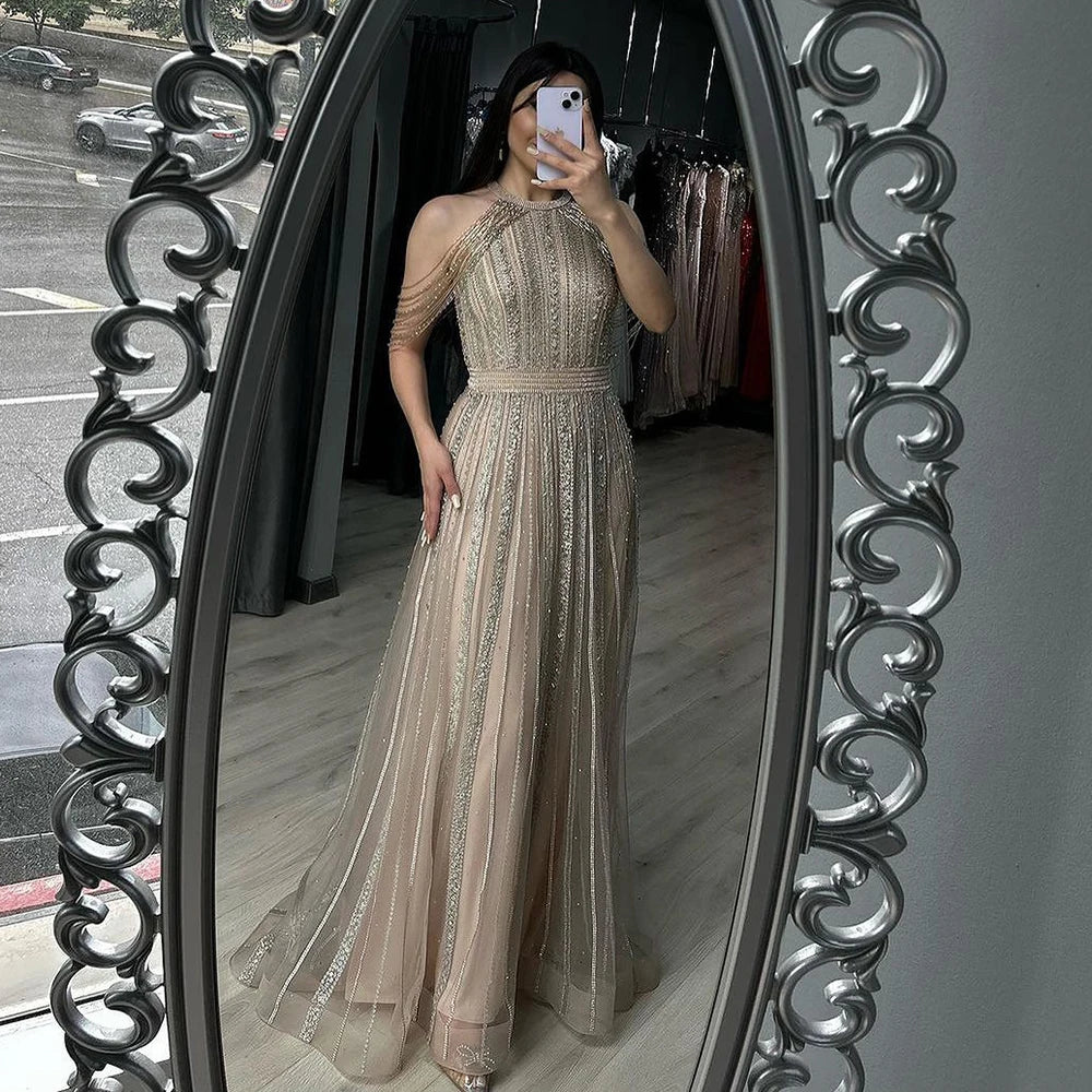 Luxury Dubai Arabic A-Line Gold Beaded Tassel Evening Dress for Women - Elegant Formal Gown for Wedding, Party & Special Occasions - Serene Hill Collection 2025 LA70357 | Perfect for Red Carpet Events, Galas & Bridal Showers
