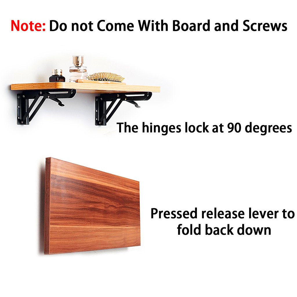 Heavy Duty Metal Folding Shelf Brackets 12 Inch - 2 Pack Black Triangle Wall Mounted Hinges for Tables, Benches & Shelves | Sturdy Support for Home, Garage & Workshop Organization