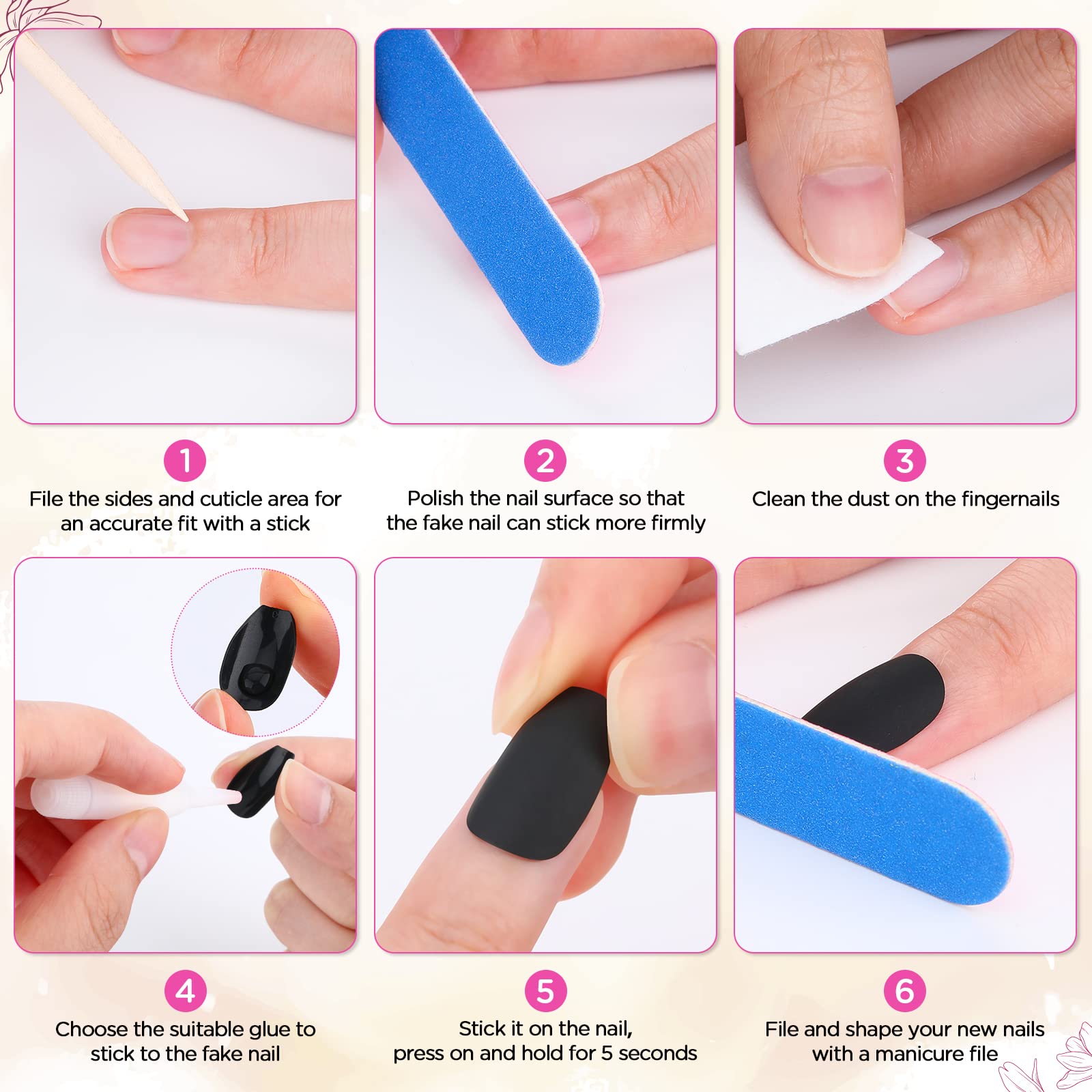 PROUSKY 48-Piece Matte Black Press-On Nails - 24 Sizes Full Cover Coffin Fake Nails, Acrylic False Nails for Women & Girls | Perfect for Parties, Weddings & Everyday Glam