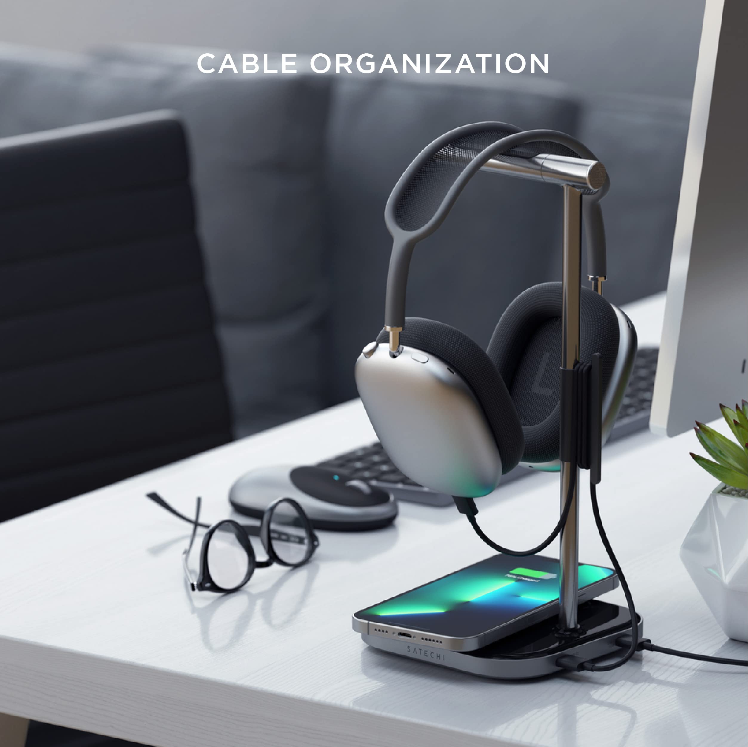 Satechi 2-in-1 Headphone Stand with Wireless Charger - USB-C Charging Station & Magnetic Qi Charger for iPhone 16/15/14/13/12 Series - Perfect for Home Office, Gaming Setup and Nightstand Charging