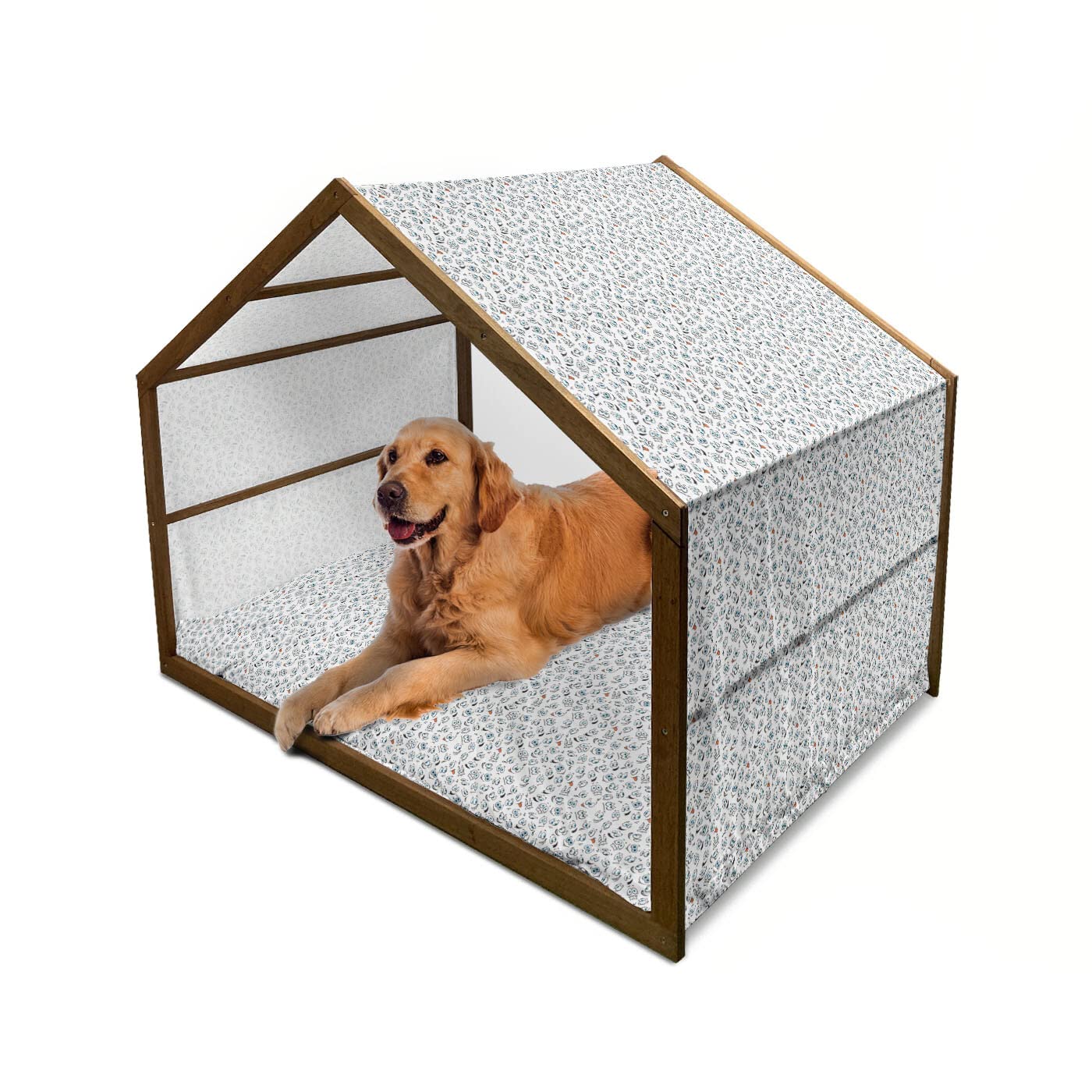 Ambesonne Emoticon Wooden Dog House with Expressive Mood Faces - Indoor & Outdoor Portable Pet Kennel with Pillow & Cover, X-Large White - Perfect for Backyard, Patio or Home Decor