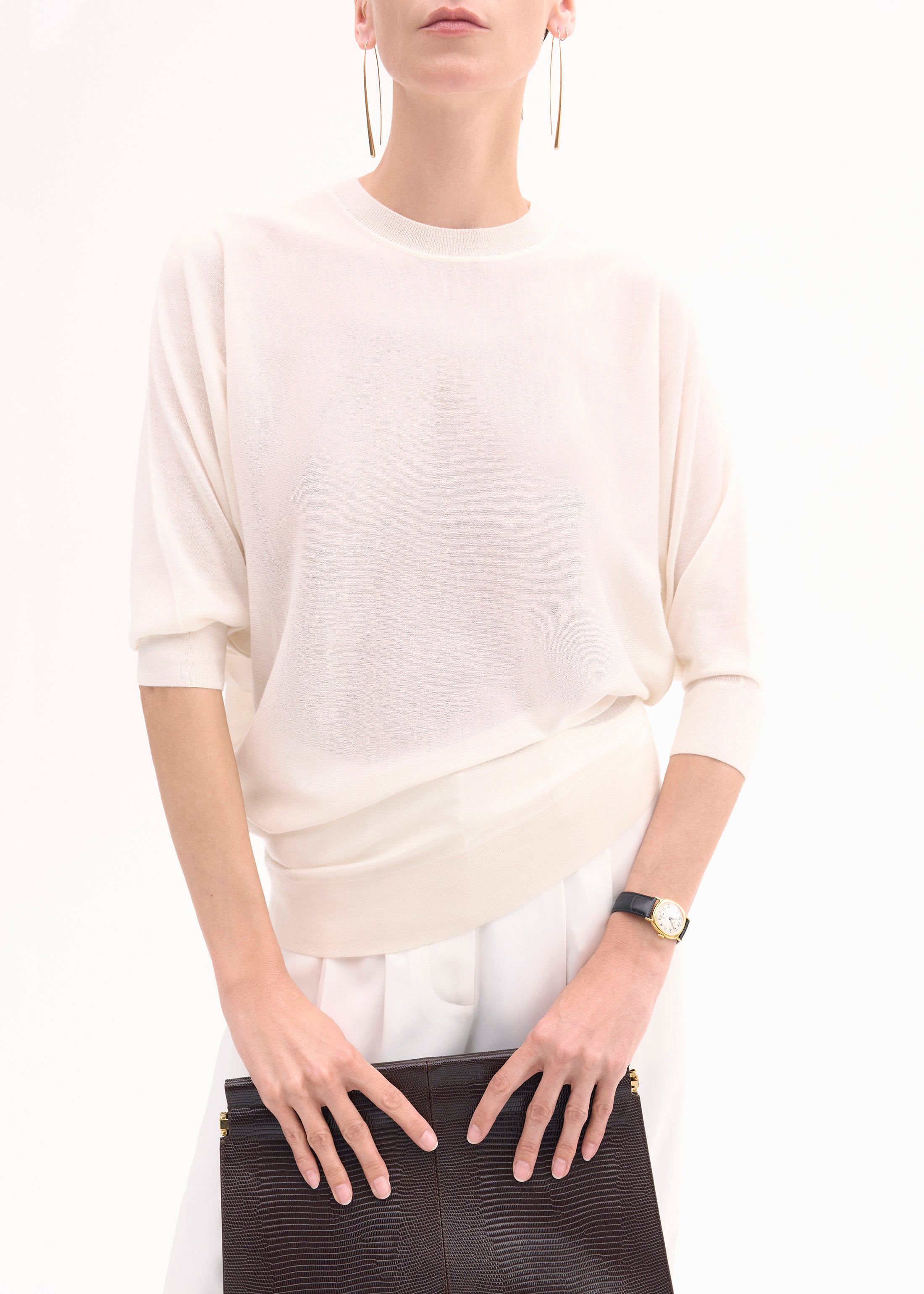 Luxury Draped Knit Cashmere Top for Women - Soft Ivory Sweater | Perfect for Fall Layering & Office Wear