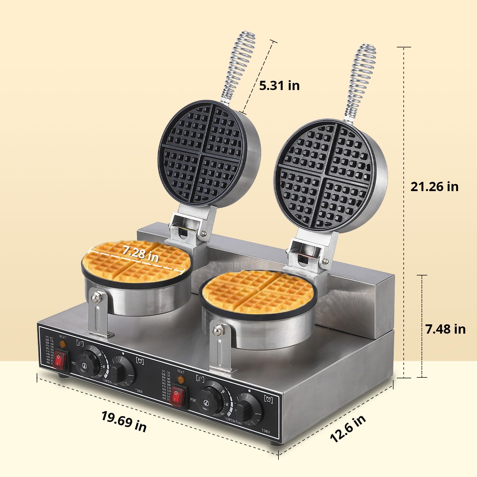 Professional Commercial Waffle Maker Machine - 2600W 110V Non-Stick Griddle with Adjustable Temperature & Timer Control - Perfect for Hotels, Restaurants, Cafes & Breakfast Catering
