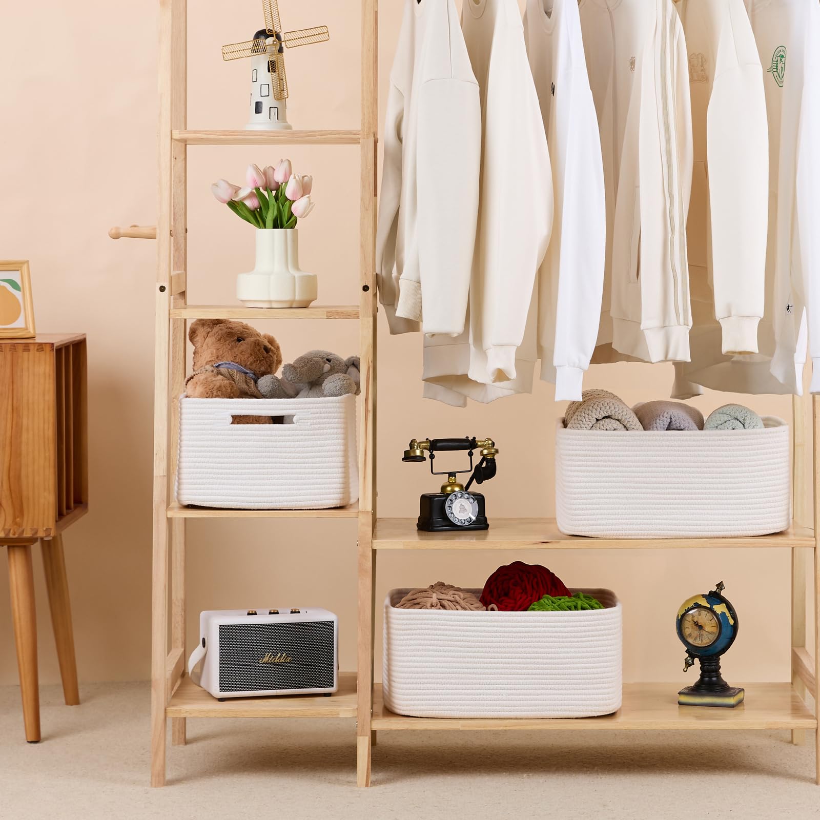 Large Woven Storage Baskets for Shelves & Closets - 17 x 13 x 7.5 Inch Organizer Bins for Clothes, Blankets, Towels, Toys | Nursery, Bedroom & Living Room Organization | Set of 2 Off-White Rope Baskets