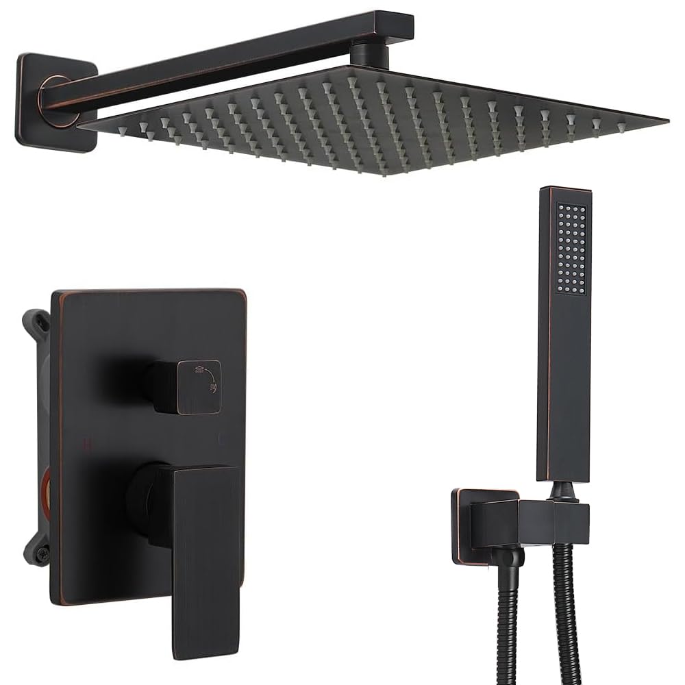 Oil Rubbed Bronze Rain Shower Faucet Set - 10 Inch Square Shower Head with Handheld & Waterfall Spray - All Metal Shower System with Valve Trim Repair Kit - Perfect for Bathroom Renovation & Luxury Spa Experience