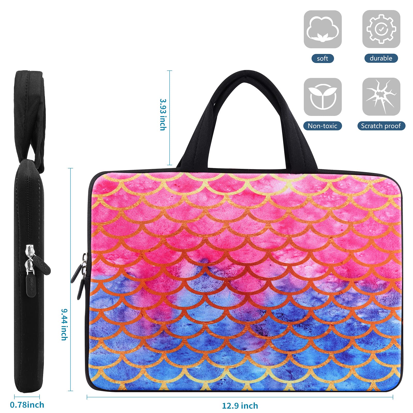 ICOLOR 11-12.5 Inch Laptop Carrying Bag - Neoprene Chromebook Case, Ultrabook Sleeve with Handle, Mermaid Design for Kids & Girls - Perfect for School, Travel, and Work