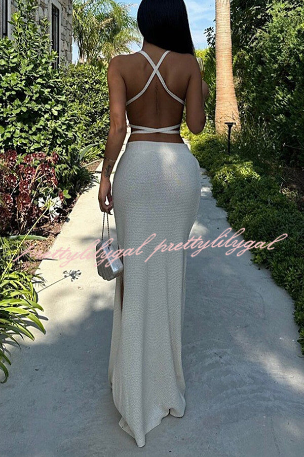 Sexy Solid Color Lace-Up Swimsuit & Knitted Elastic Slit Maxi Skirt Set - Perfect for Beach Vacations, Pool Parties, and Summer Getaways