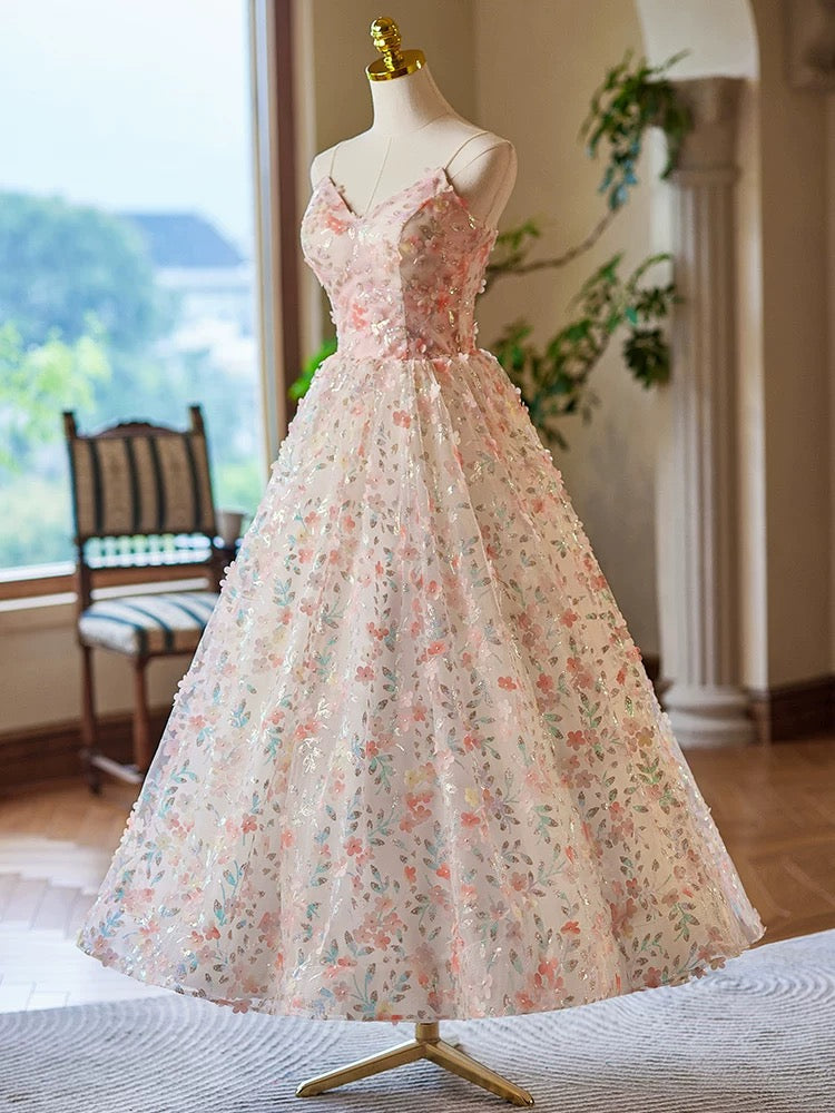 Elegant A-Line V-Neck Floral Lace Tea-Length Pink Prom Dress for Formal Events - Perfect for Homecoming, Dances & Special Occasions