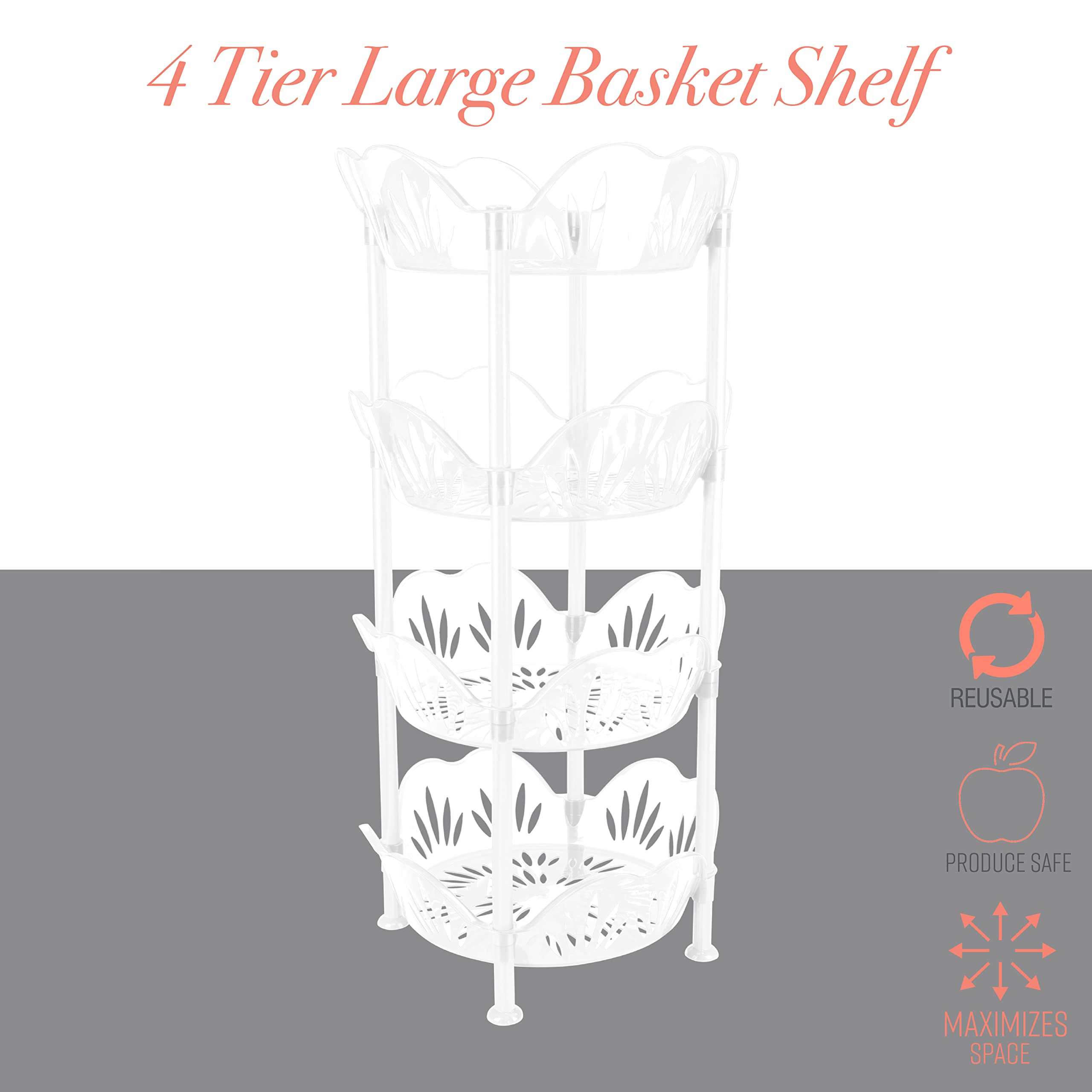 4-Tier Large Round Basket Shelf for Kitchen, Bathroom, Laundry & Office Storage | White Organizer for Food, Supplies & Household Items | Perfect for Small Space Organization & Decluttering