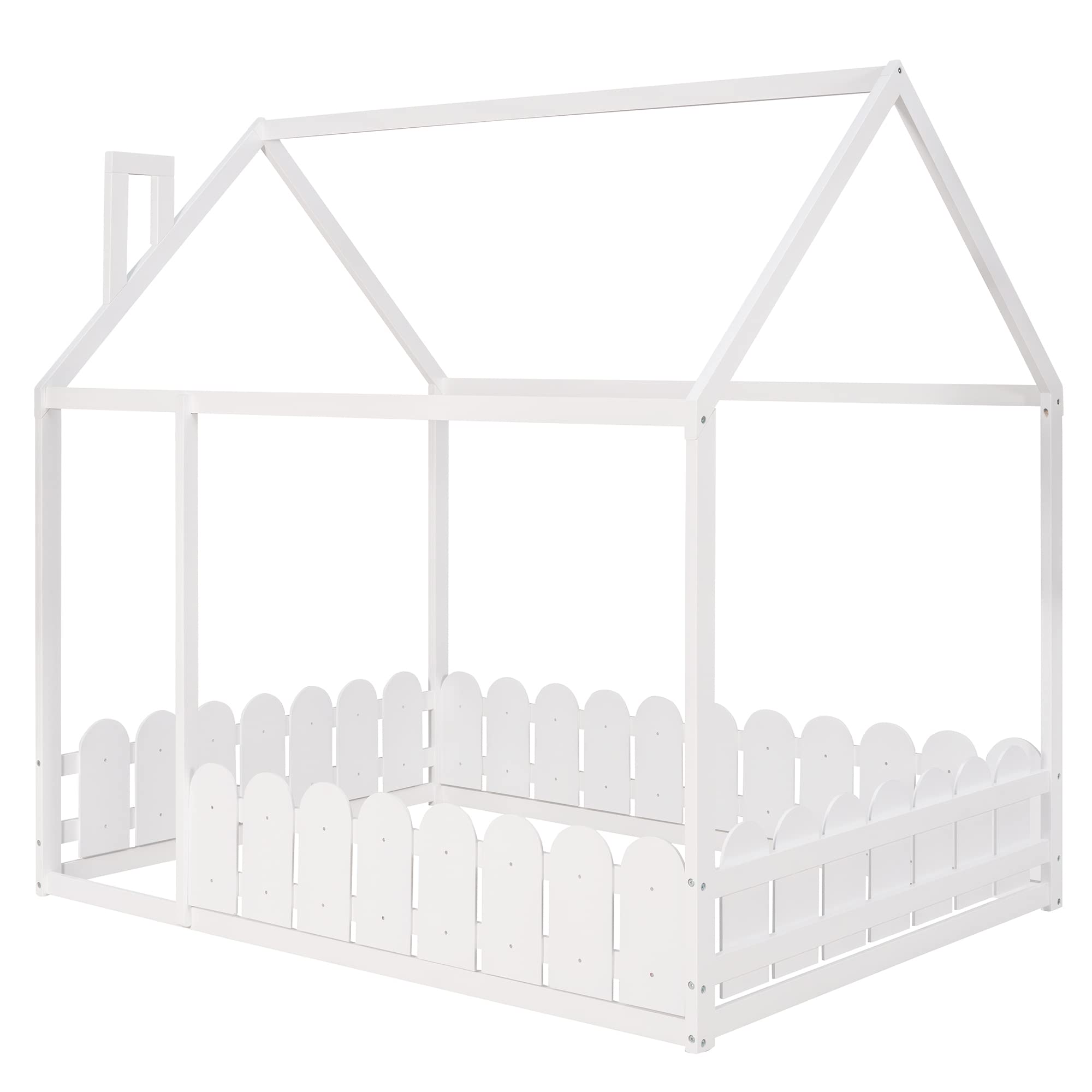 P PURLOVE Solid Wood House Bed Frame with Fence-Style Guardrails - Twin/Full Size Kids Bed for Boys & Girls (Slats Not Included, White) - Perfect for Nursery, Kids Room & Playroom Decor