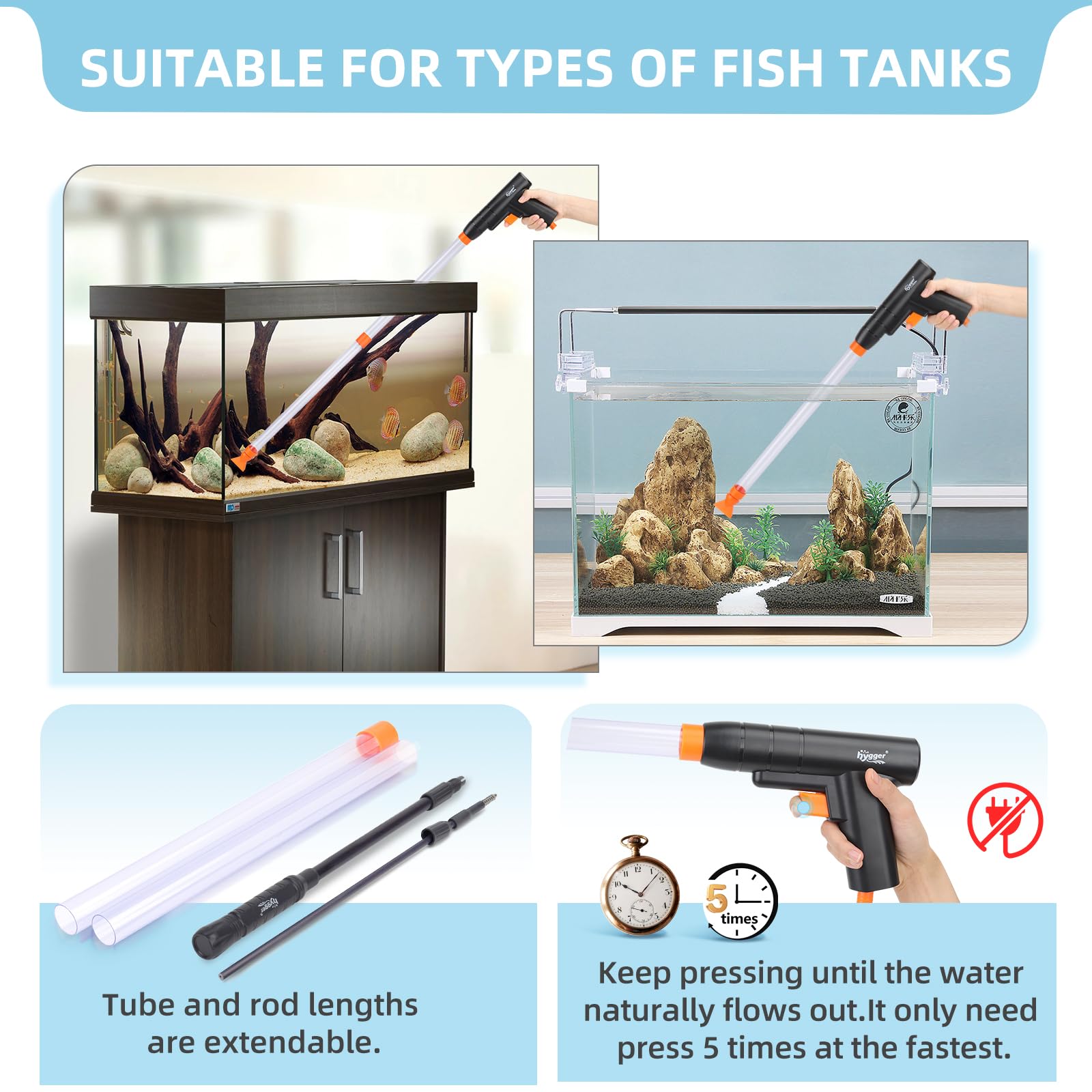 Hygger Aquarium Gravel Cleaner Kit - Fish Tank Cleaning Brush & Water Changer with Sand Vacuum Siphon | Includes Hose Controller Clamp for Easy Aquarium Maintenance | Perfect for Freshwater & Saltwater Tanks