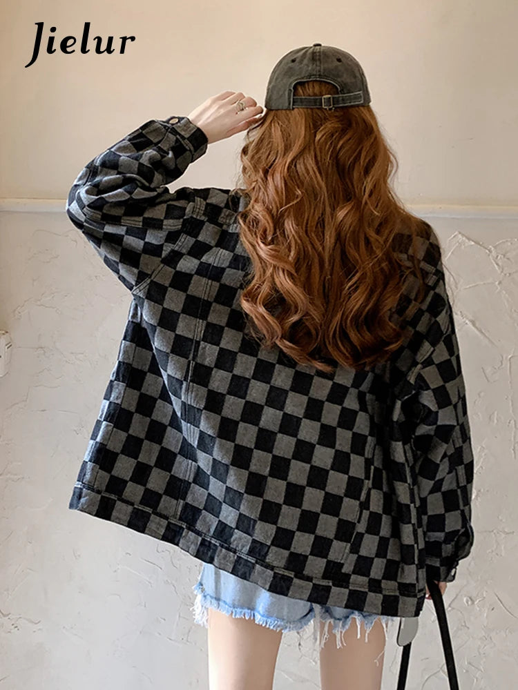 Women's Autumn Black Denim Coat - Korean Style Checkerboard Print Casual Loose Fit Retro Blue Jacket | High Street Fashion for Fall Outfits, Date Nights & Streetwear Looks