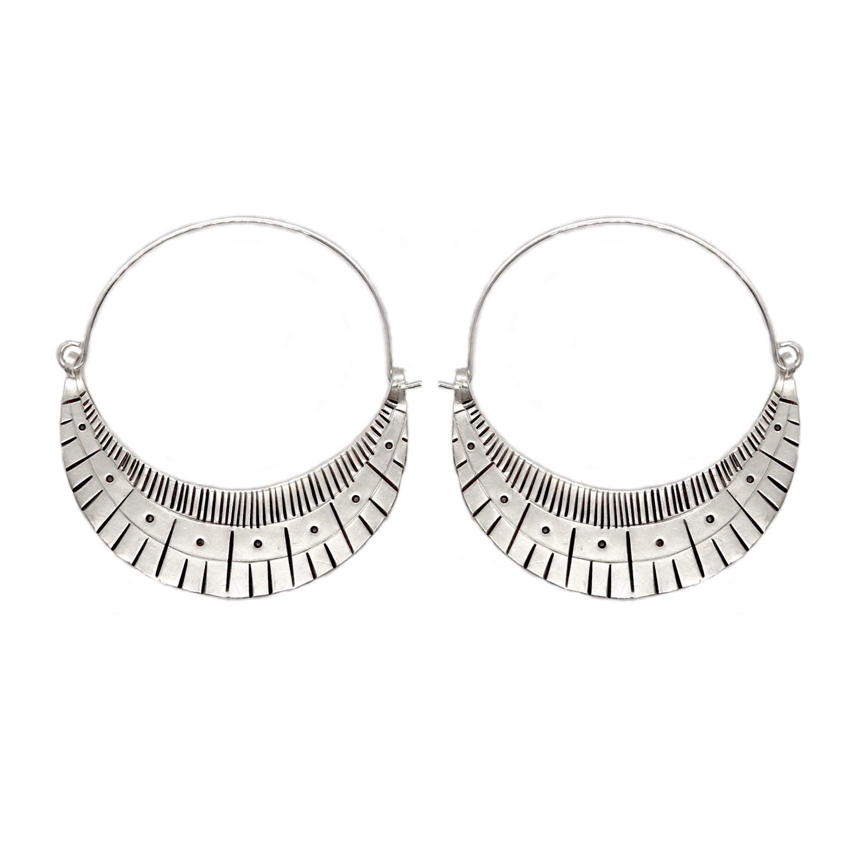 Handmade Sterling Silver Large Boho Statement Crescent Moon Hoop Earrings with Geometric Pattern Engraving | Unique Boho Chic Jewelry for Women | Perfect for Festivals, Parties & Everyday Wear