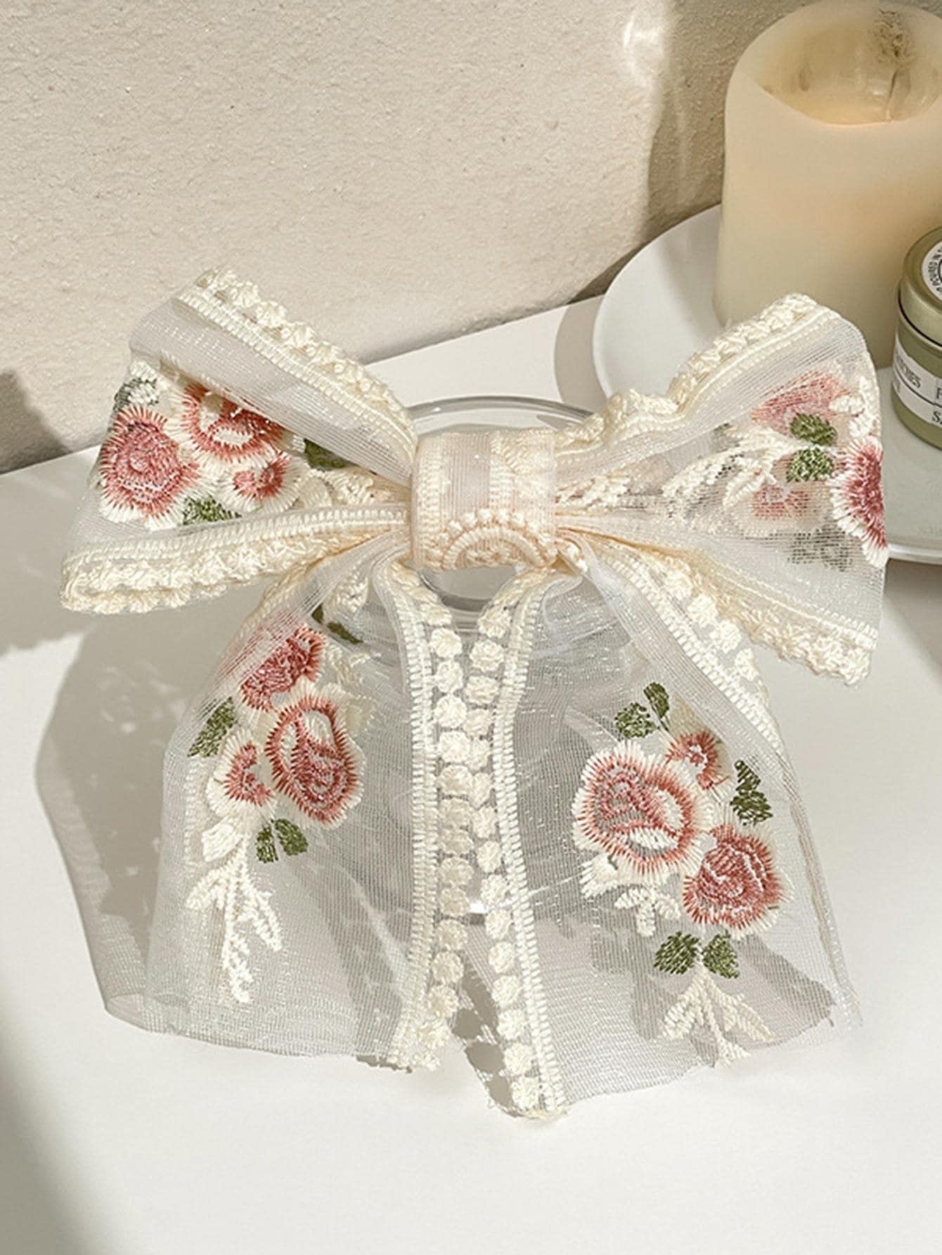 VSAKSH Large White Lace Flower Embroidery Bow Hair Clip with Ribbon - Elegant Wedding Hair Accessories for Women & Girls - Perfect for Bridal, Prom, Party & Special Occasions