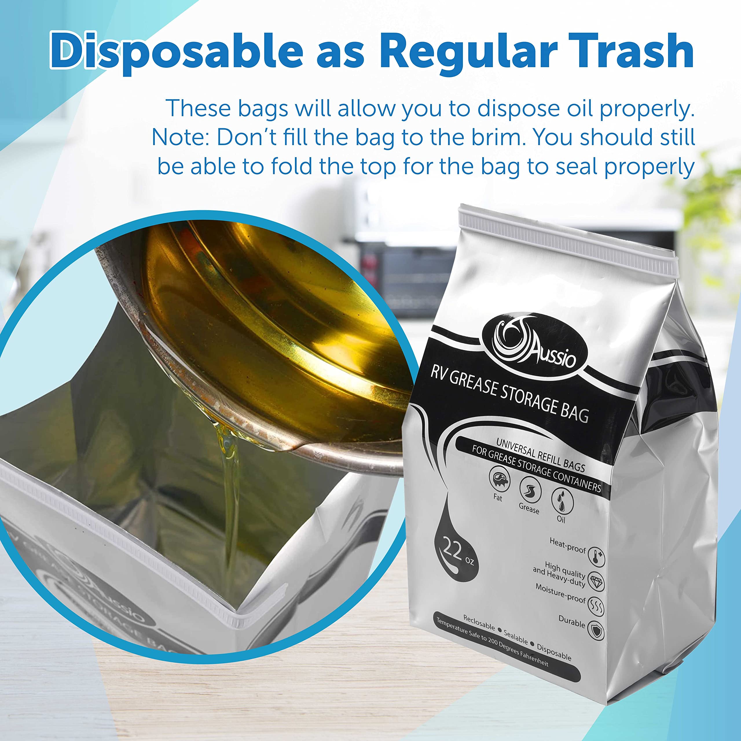 (15 Pack) Disposable Grease Storage Bags - High Heat Resistant Up to 200℉ | Oil Disposal Bags for Kitchen, RV & Outdoor Cooking | Leak-Proof Grease Containers for Frying, Grilling & Deep Frying