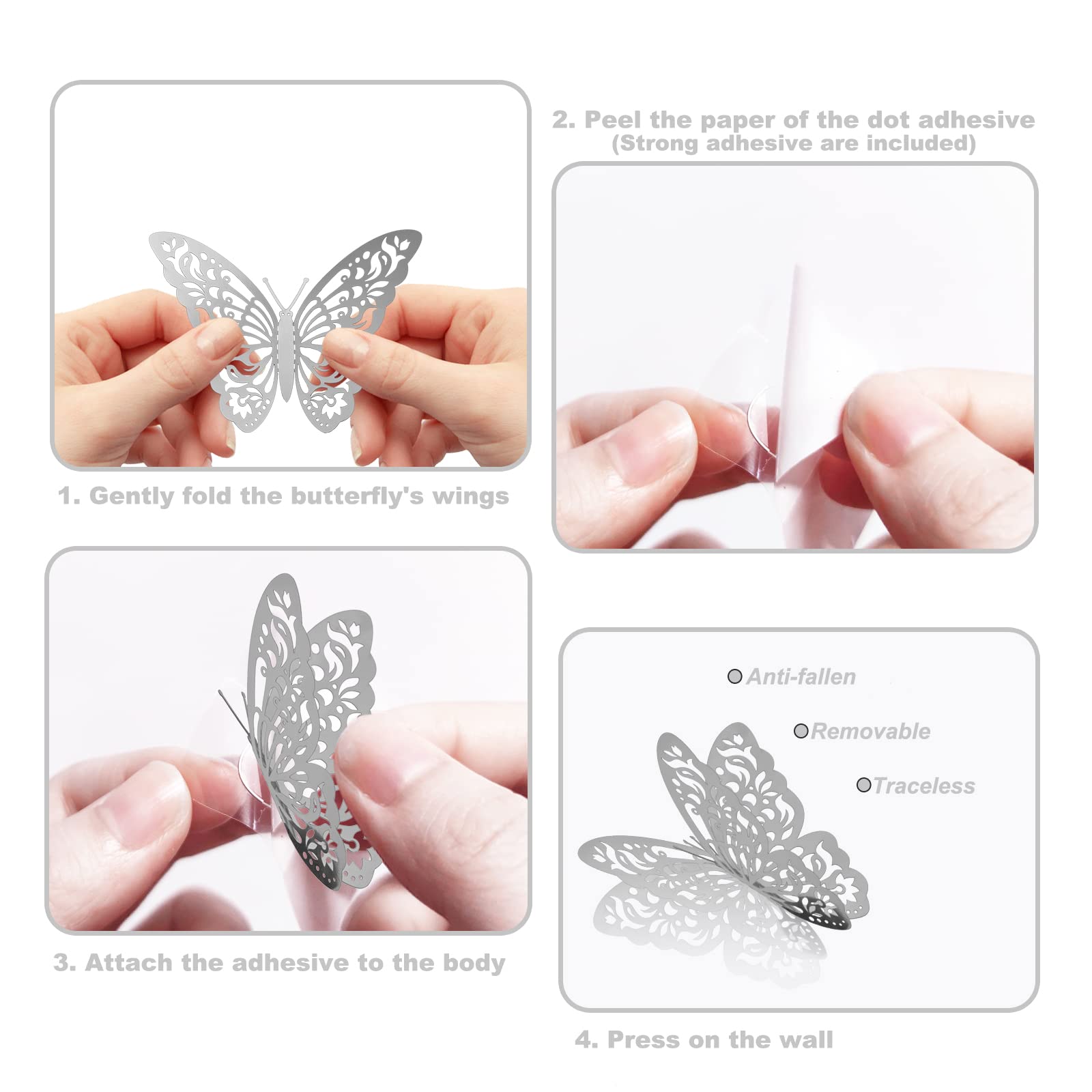 144Pcs 3D Butterfly Wall Stickers - 6 Styles & 3 Sizes Removable Decals for Birthday Party Decor, Kids Room, Wedding, Cake Toppers - Silver Metallic Home Decor for Bedroom, Nursery, Living Room Wall Art