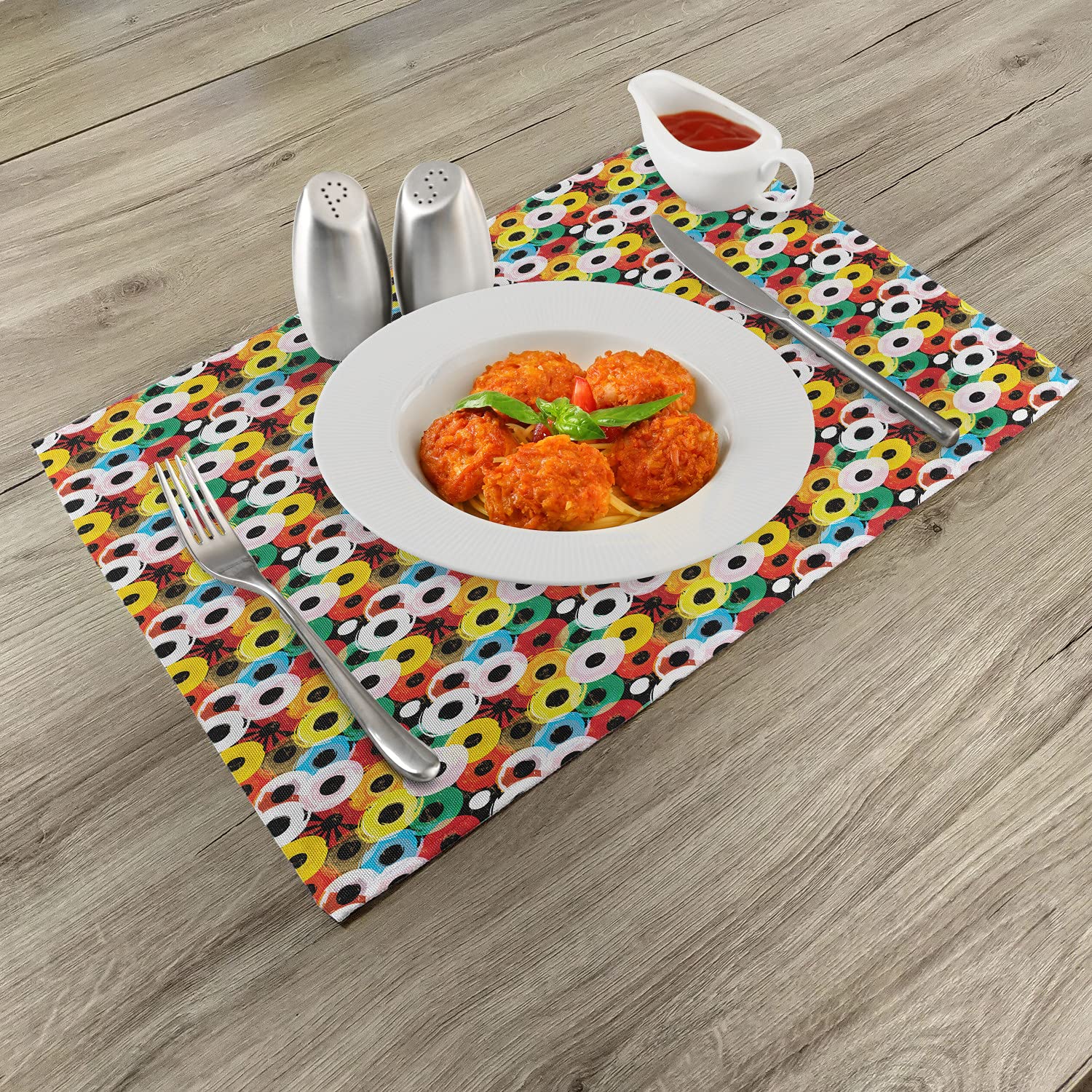 Ambesonne Retro Vinyl Record Place Mats Set of 4 - Disc-Shaped Washable Fabric Placemats with Vivid Grunge Graphic for Dining Room & Kitchen Table Decor | Perfect for 70s Themed Parties, Music Lover Gifts & Retro Home Styling