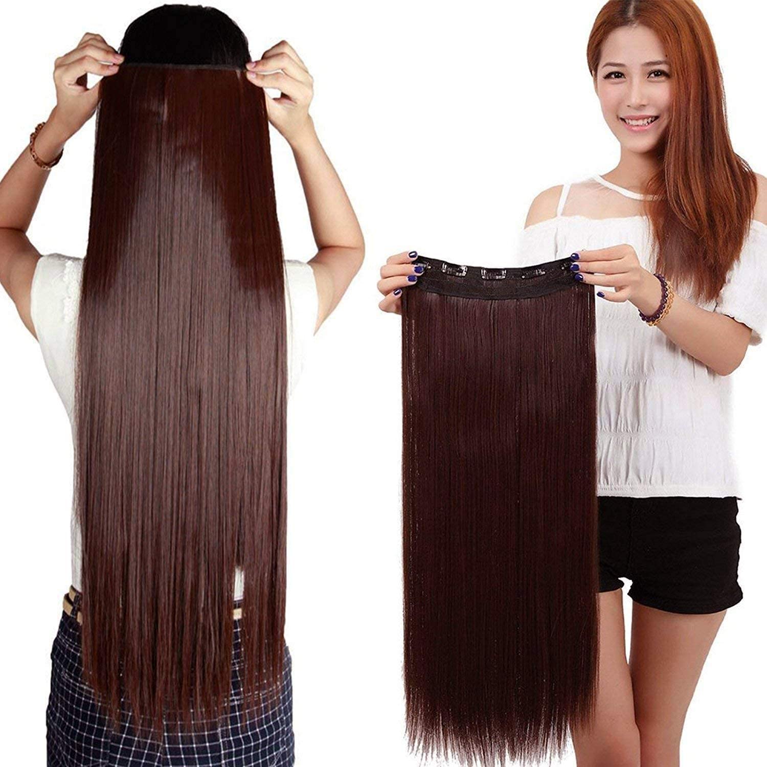 Glan Straight Synthetic Hair Extensions with 5 Clips - Natural-Looking Brown Hair Extensions for Women & Girls | Perfect for Daily Wear, Parties & Special Occasions