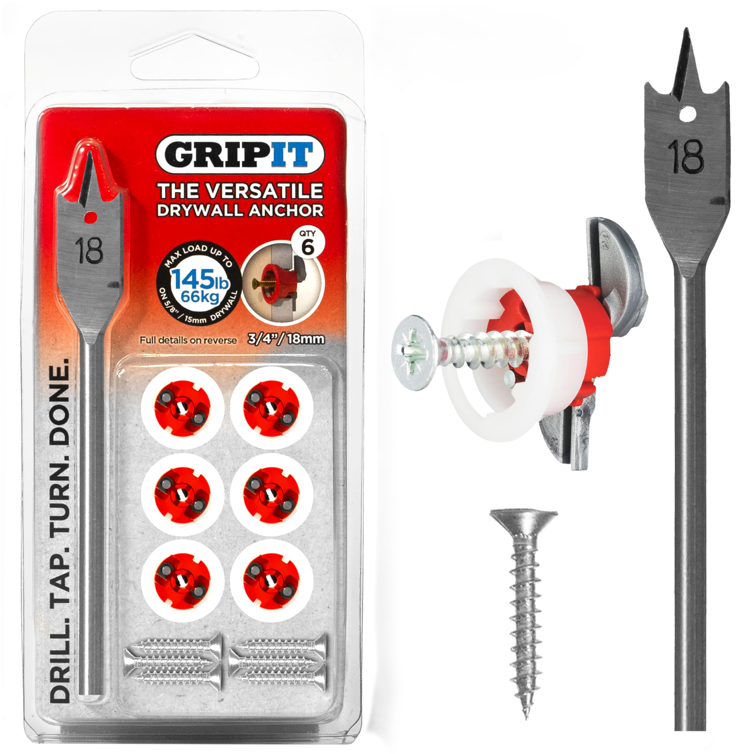 Heavy Duty Red Drywall Anchors Kit (145 lbs Capacity) - Includes Wall Anchors, Screws & 3/4