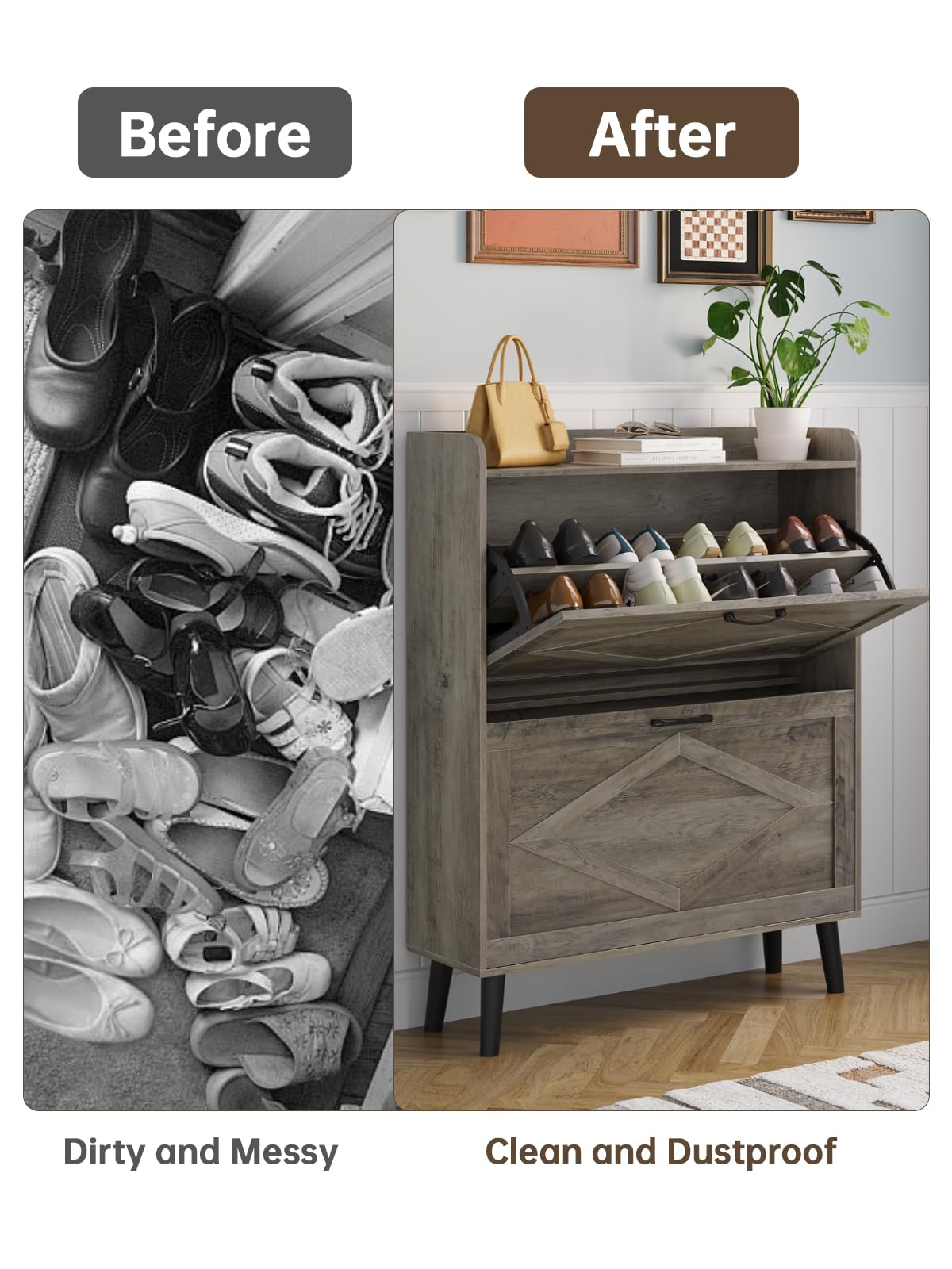 Farmhouse Narrow Shoe Storage Cabinet with 2 Flip Drawers - Slim Entryway Shoe Organizer with Wood Legs in Washed Gray | Perfect for Small Spaces, Hallways & Closet Organization