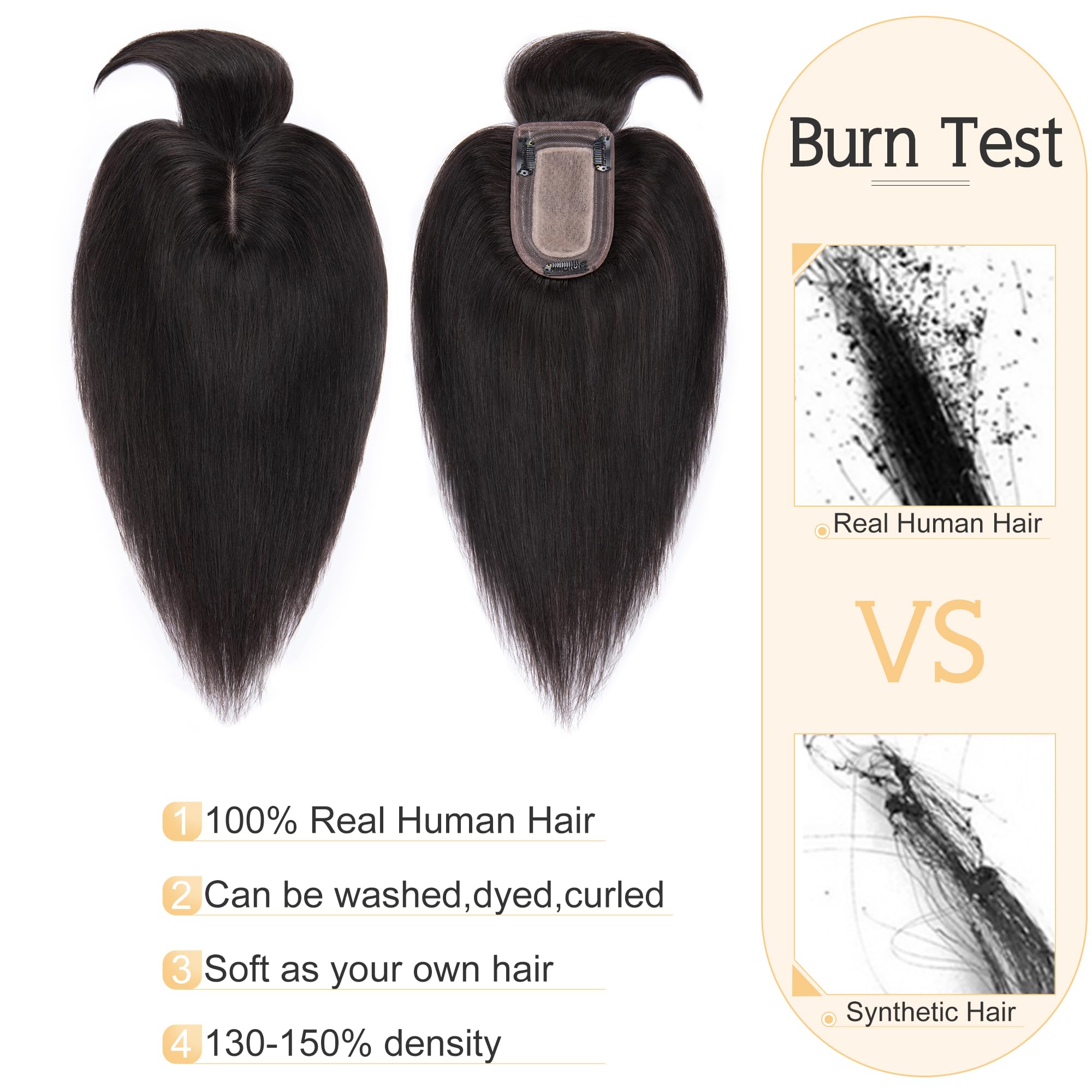 SEGO Real Human Hair Toppers for Women with Bangs - 7x13CM Silk Base, 100% Remy Human Hair Clip-in Top Wiglet for Thinning Hair (16 Inch, Natural Black) - Perfect for Daily Wear, Parties & Special Occasions