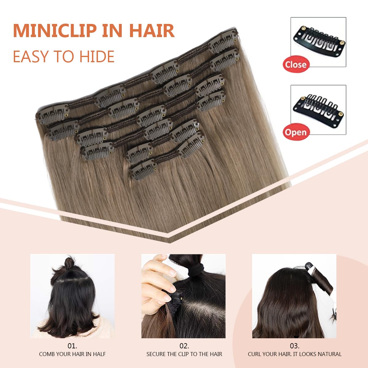 XD Hair Clip in Human Hair Extensions 120g 22 Inch Ombre Ash Brown to Platinum Blonde Double Weft Hair Extensions 6pcs - Perfect for Parties, Weddings & Daily Styling (22, #8T60)