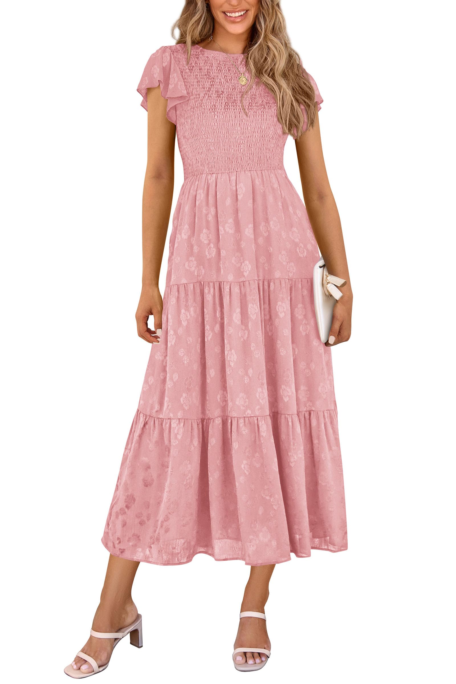 PRETTYGARDEN Women's Floral Midi Dress 2025 Summer Cap Sleeve Smocked Ruffle A-Line Long Flowy Wedding Guest Dress - Perfect for Beach Weddings, Garden Parties & Summer Vacations