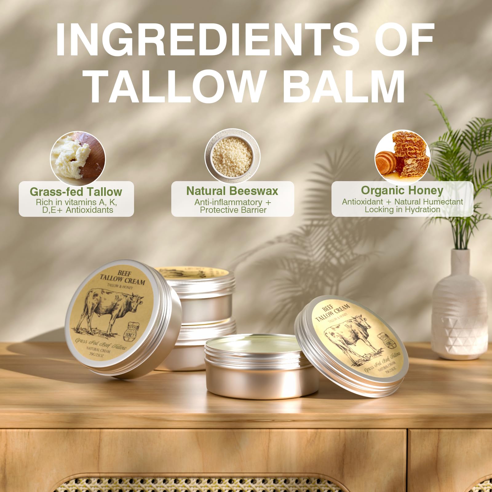 Grass-Fed Beef Tallow Balm with Honey - Natural Face & Body Moisturizer for Dry Skin Care