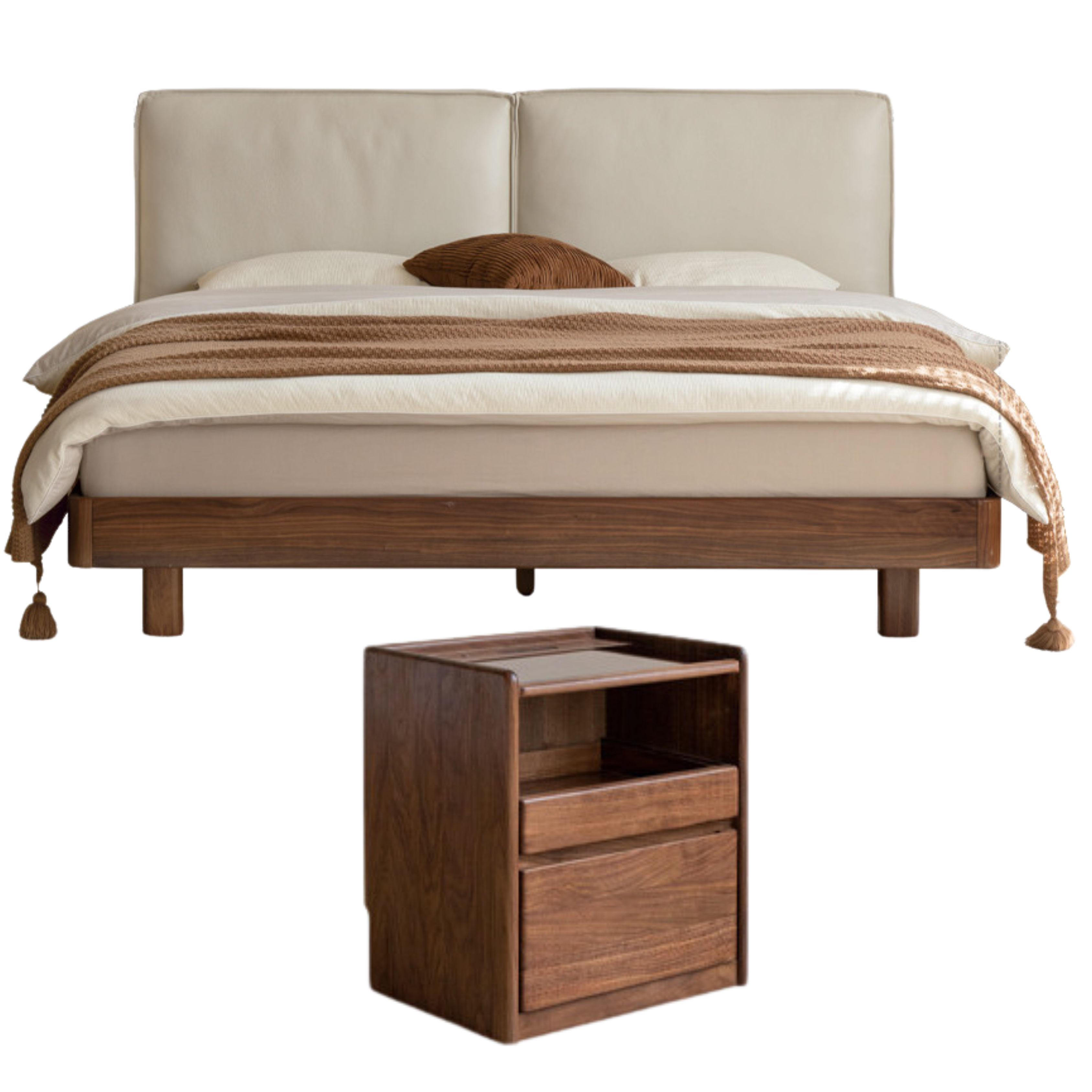 Rich Dark Walnut color Genuine leather off-white black walnut soft bed + bedside table