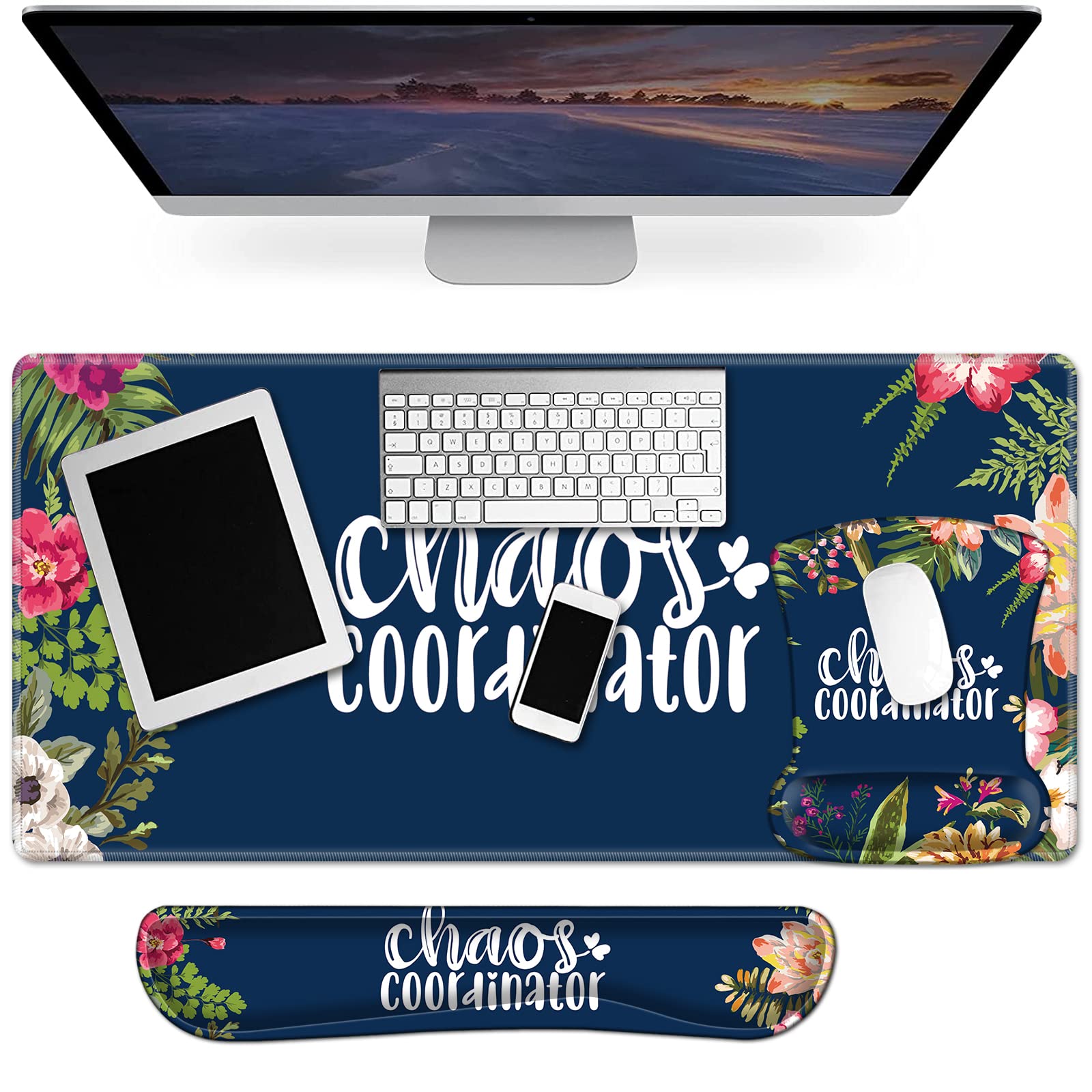 3-Piece Large Mouse Pad & Keyboard Wrist Rest Set - Ergonomic Gaming Mouse Mat with Memory Foam & Non-Slip Base - Floral Chaos Design for PC, Laptop, Office & Home Workspace