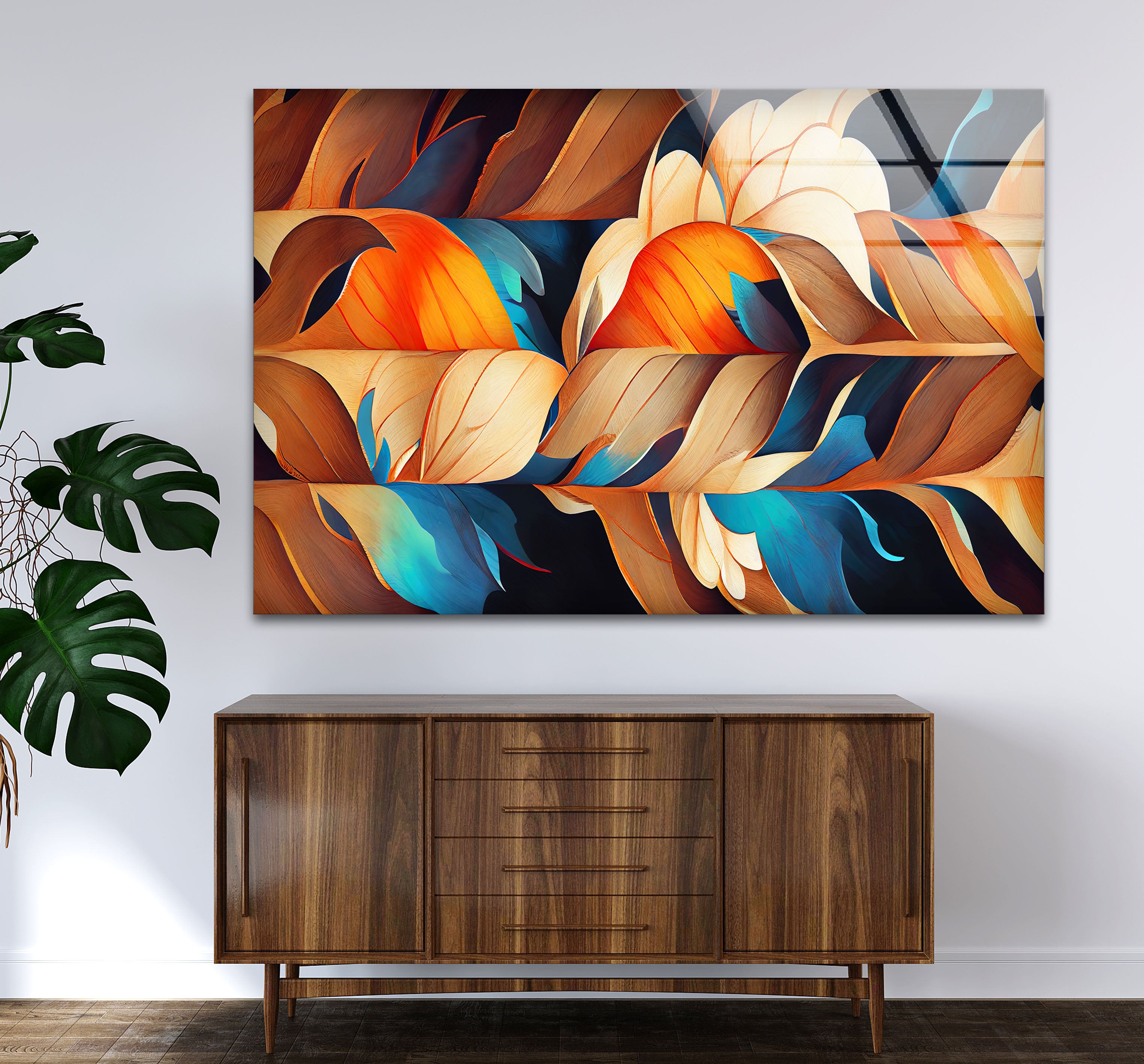 Abstract Feather Flow Glass Wall Art – Earthy Orange & Teal Nature Design Handmade Home Decor for Living Room, Bedroom & Office – Modern Nature-Inspired Wall Hangings