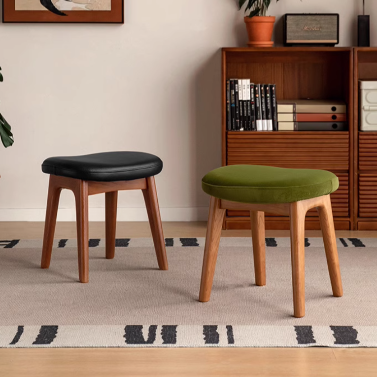 Solid Oak & Cherry Wood Makeup Stool - Natural Wood Vanity Seat with Storage for Bedroom, Bathroom & Dressing Room