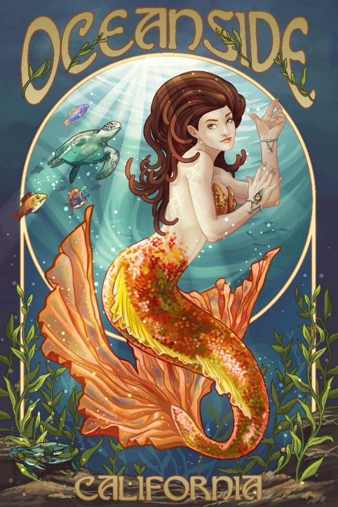 Lantern Press Oceanside California Mermaid Art - 16x24 Wrapped Canvas Wall Decor - Coastal Home Decor for Living Room, Bedroom & Beach House