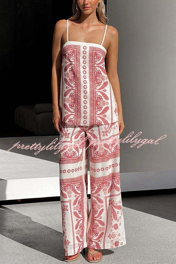 Stylish Printed Loose Casual Tank Top with Elastic Waist Wide Leg Pants Set - Women's Summer Outfit for Beach, Travel & Daily Wear