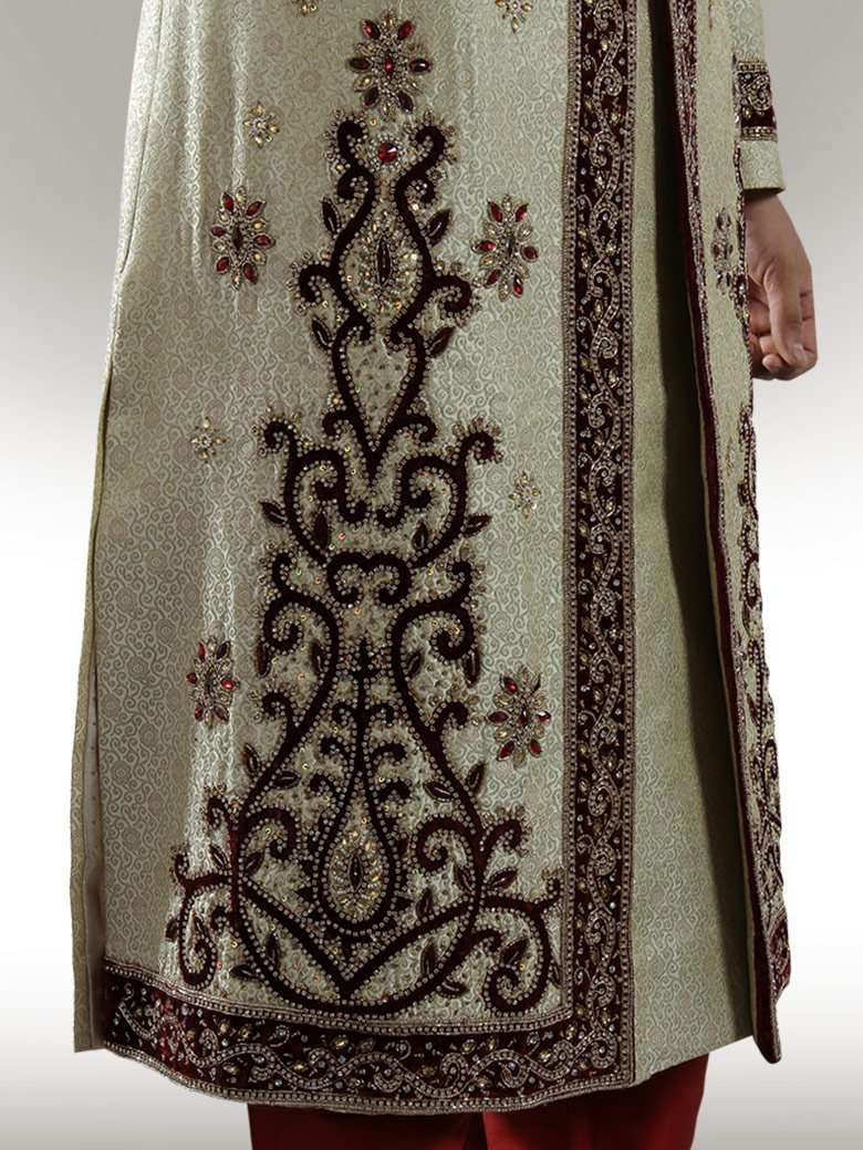 Luxury Designer Cream Brocade Sherwani for Men | Elegant Indian Wedding Attire | Perfect for Grooms, Festivals & Special Occasions