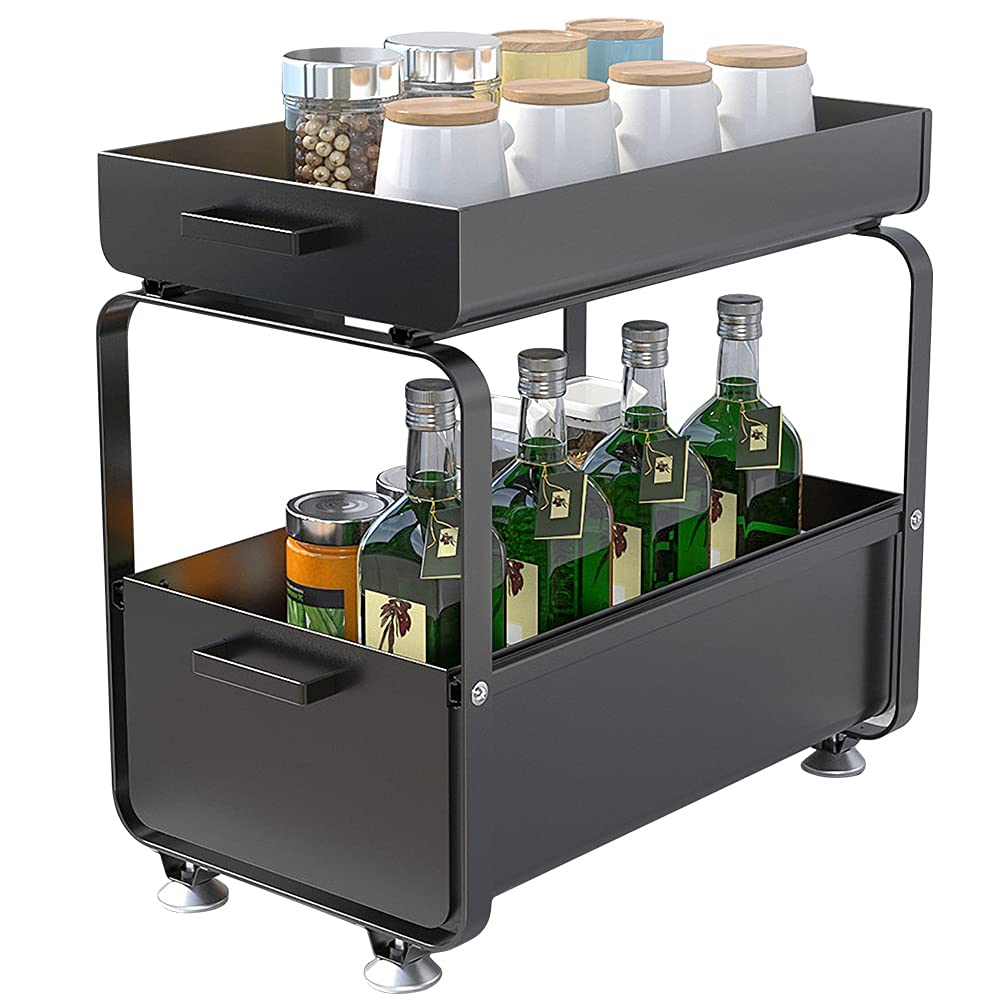 Under Sink Organizer 2-Tier with Sliding Drawers - Kitchen Cabinet & Bathroom Storage Shelf - Space Saving Organizer for Cleaning Supplies, Sponges, Soaps - Black (Perfect for Under Sink, Pantry & Vanity Organization)