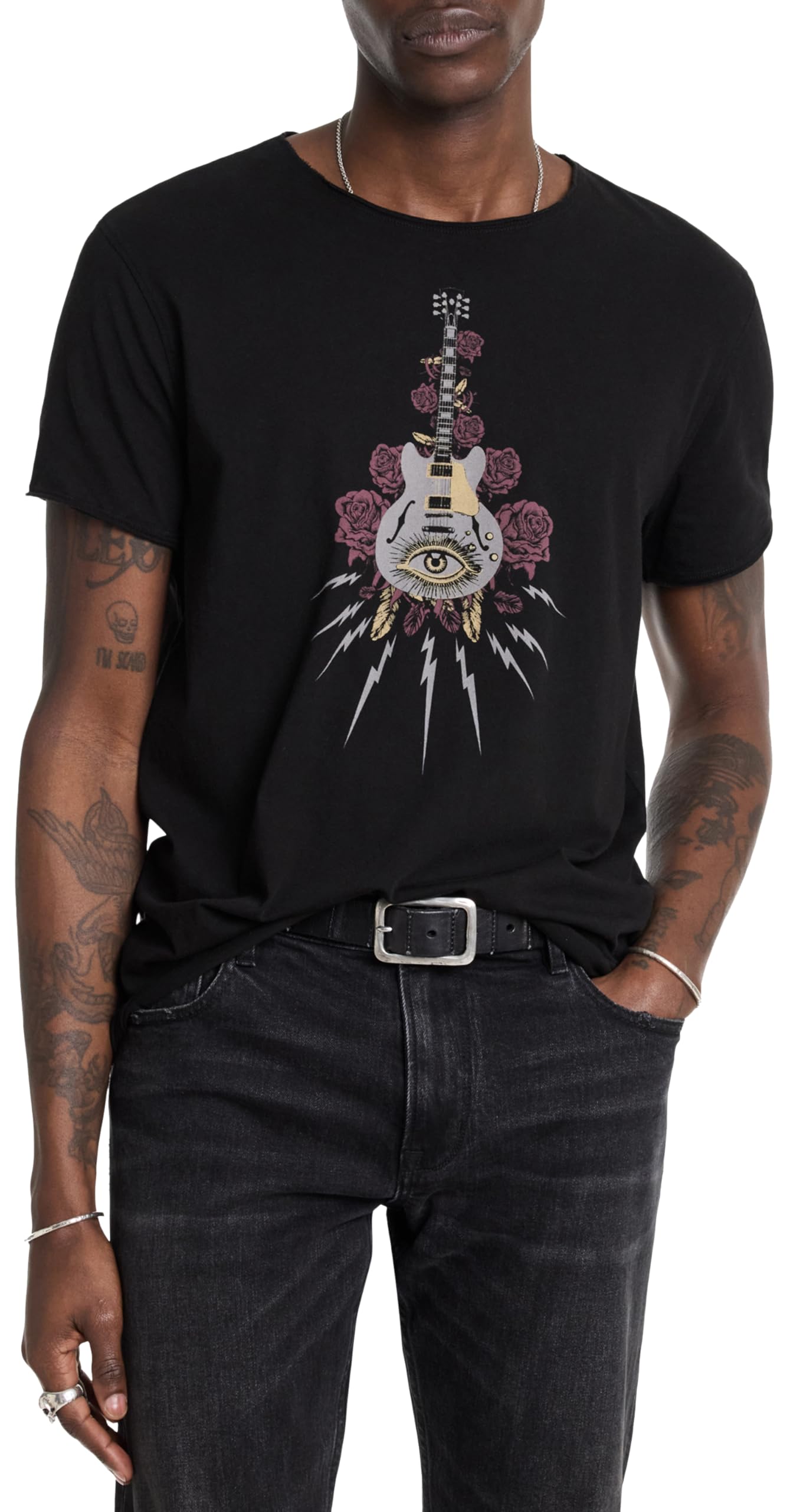 John Varvatos Men's Guitar Print T-Shirt - Vintage Rock Style Cotton Tee for Casual Wear & Music Lovers