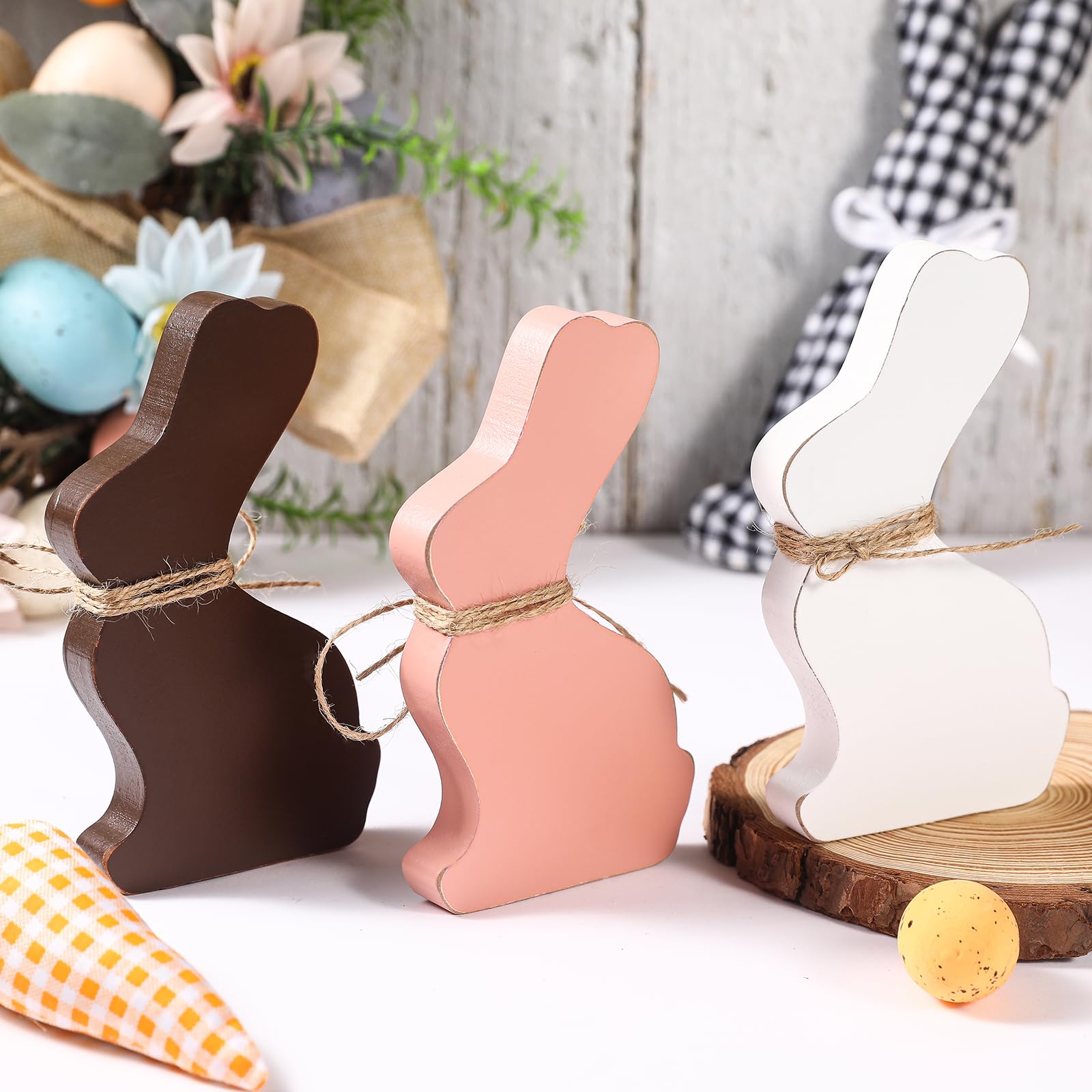 3PCS Rustic Wooden Bunny Signs - Easter Decorations for Spring Home, Shelf, Mantel, Fireplace & Party - Perfect for Indoor & Outdoor Holiday Decorating