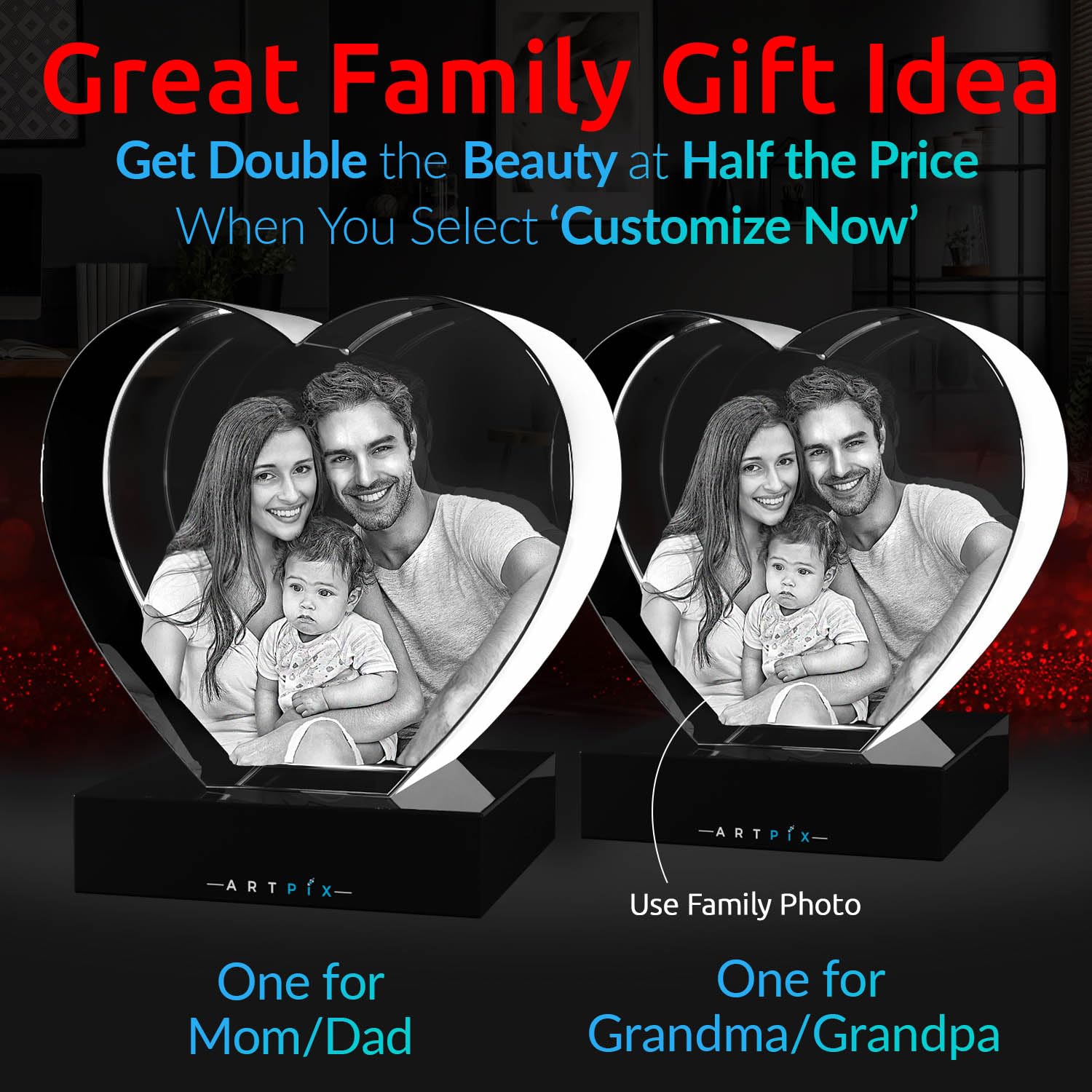 ArtPix Custom 3D Crystal Photo Gift - Personalized Laser Etched Glass Keepsake for Wedding, Anniversary, Valentine's Day - Heart Shaped 3D Picture for Her, Him, Wife, Husband - Perfect Customized Gift for Special Occasions