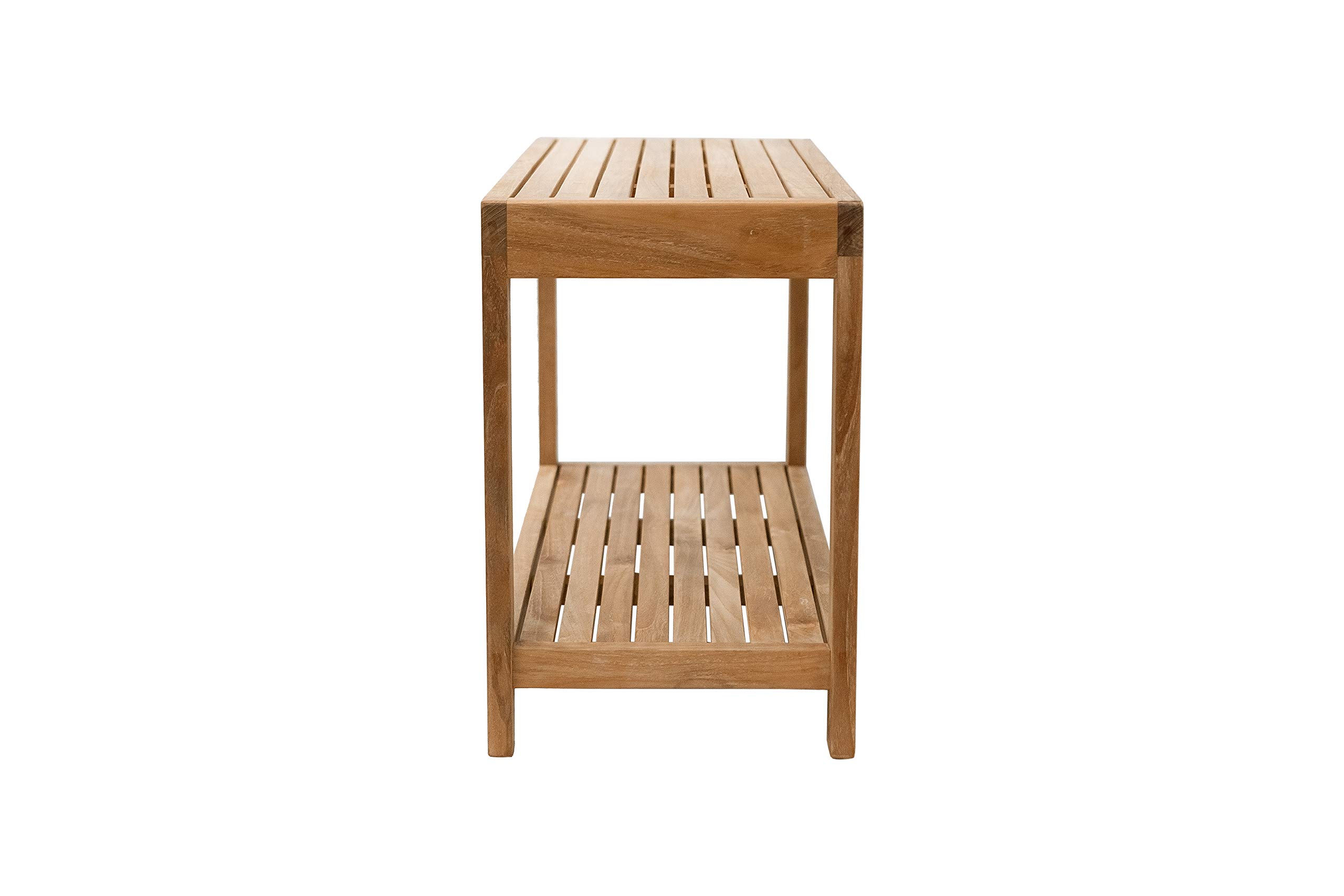 Premium Nordic Style Teak Wood Shower Stool & Spa Bench with Storage Shelf | Indoor/Outdoor Waterproof Teakwood Bath Seat | Natural Finish 35