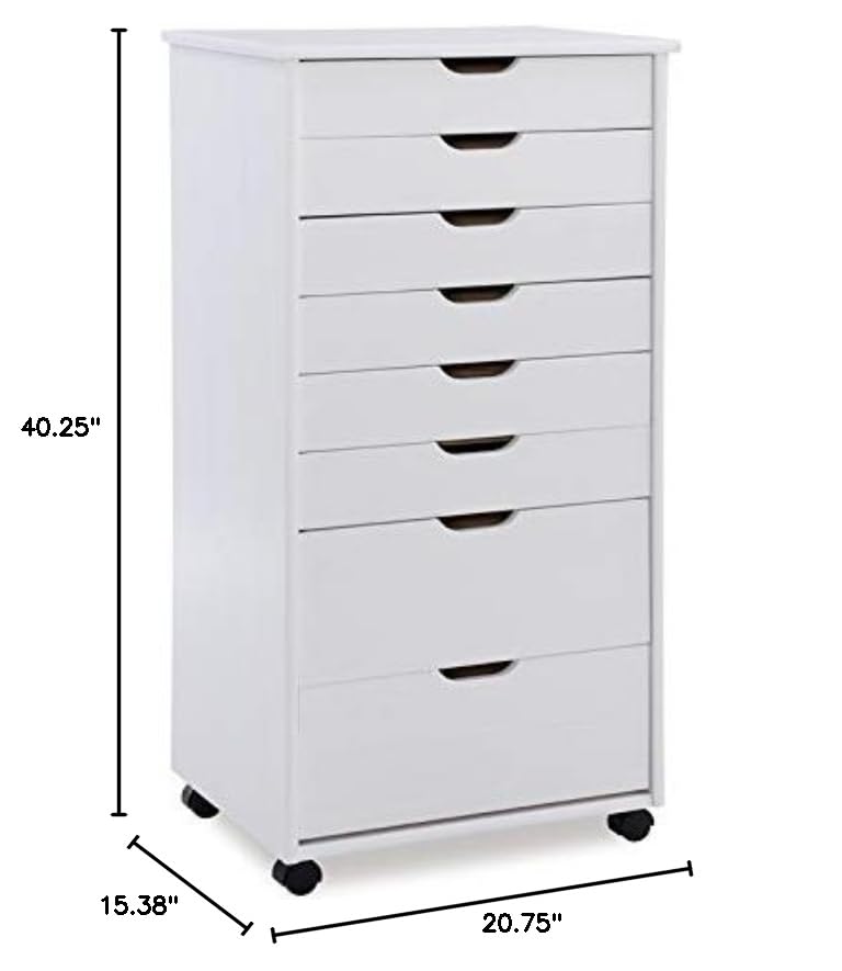 8-Drawer White Wash Wood Storage Cart - Transitional Style Organizer for Bedroom, Bathroom, or Office Storage
