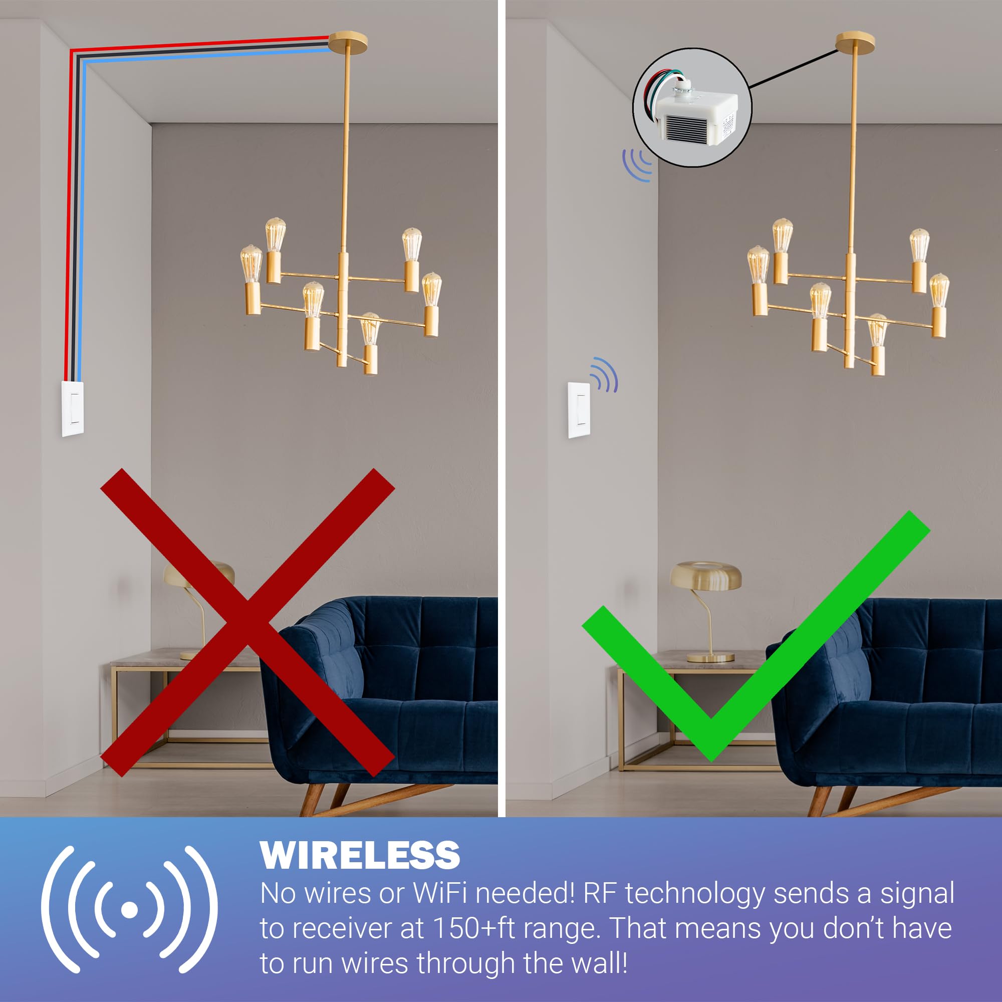 RunLessWire Self-Powered Wireless Light Switch Kit - No Wiring, Batteries or WiFi Needed - DIY Remote Control 3-Way Dimmer with 1 Receiver & 2 Switches - Black - Perfect for Bedrooms, Living Rooms & Smart Home Automation