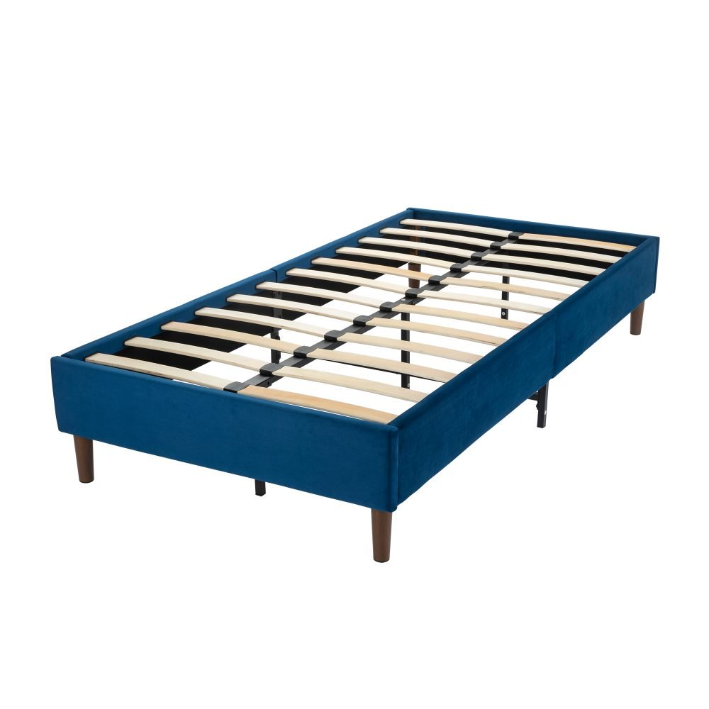 Alexandra Velvet Blue Single Bed Base - Modern Platform Bed Frame for Small Spaces, Kids & Guest Rooms | Durable & Stylish Bed Base for Home & Apartments