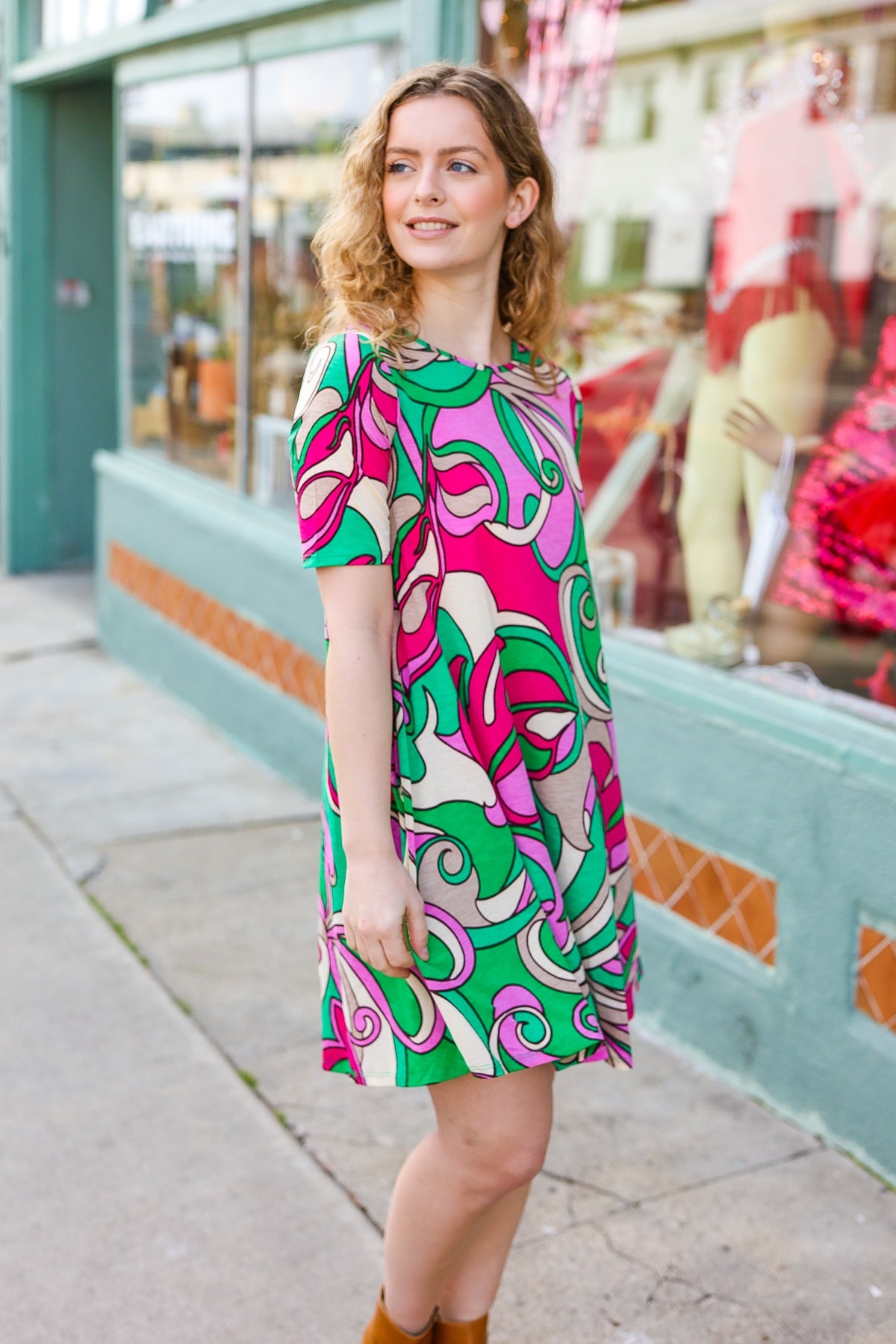 Stylish Fuchsia & Green Abstract Floral Print Dress - Perfect for Summer Parties, Weddings & Date Nights