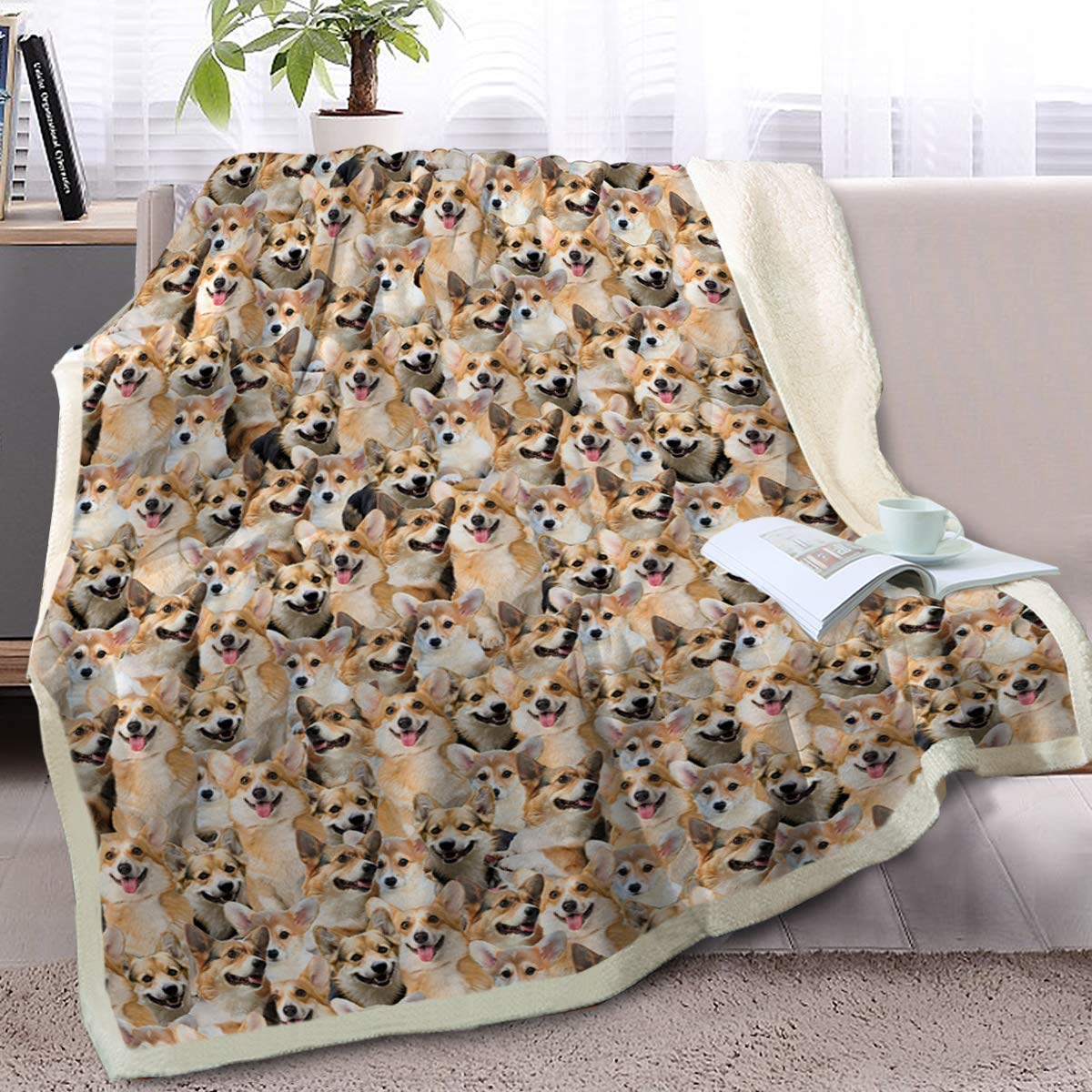 **BlessLiving Corgi Plush Fleece Blanket - Reversible Sherpa Throw with Cute Puppy Dog Pattern, Soft & Cozy for Kids, Girls & Adults (60