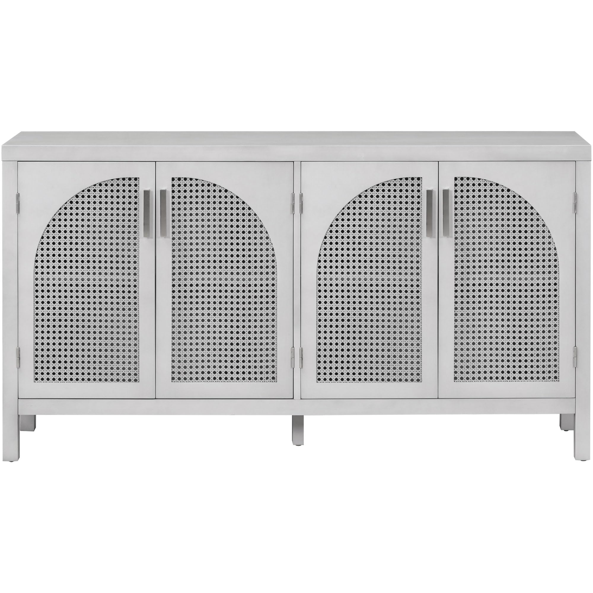 Modern Gray Wooden Sideboard with Artificial Rattan Doors & Metal Handles - 4-Door Storage Cabinet with Adjustable Shelf, Stylish Console Table for Dining Room, Living Room & Entryway - Perfect for Home Organization & Decor