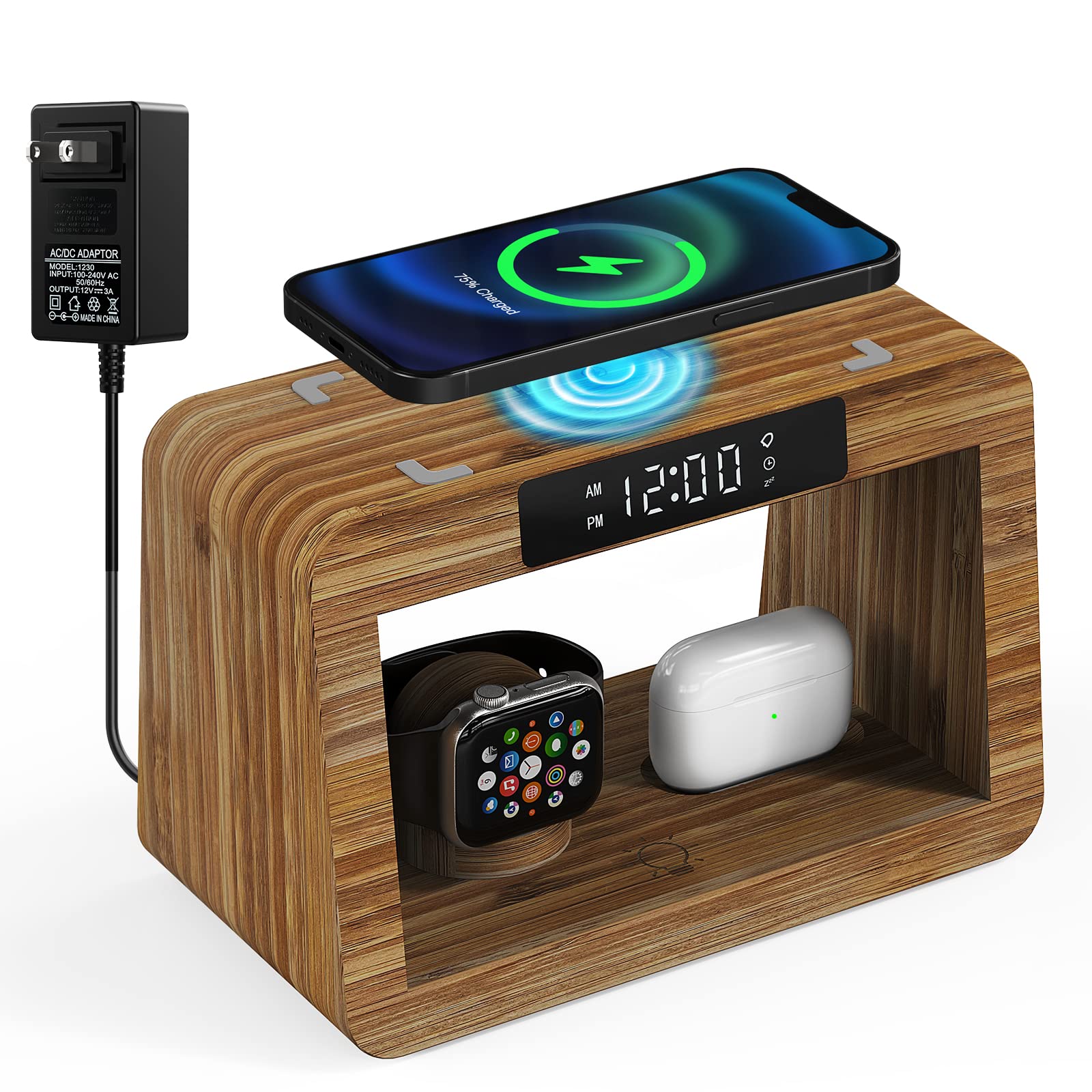 15W Fast Wireless Charging Station with LED Clock & Adjustable Desk Lamp - 3 Color Night Light, Bamboo Charging Dock for iPhone 14/13/12, AirPods, Apple Watch - Perfect Bedside Organizer for Home & Office Gifts (Men & Women)