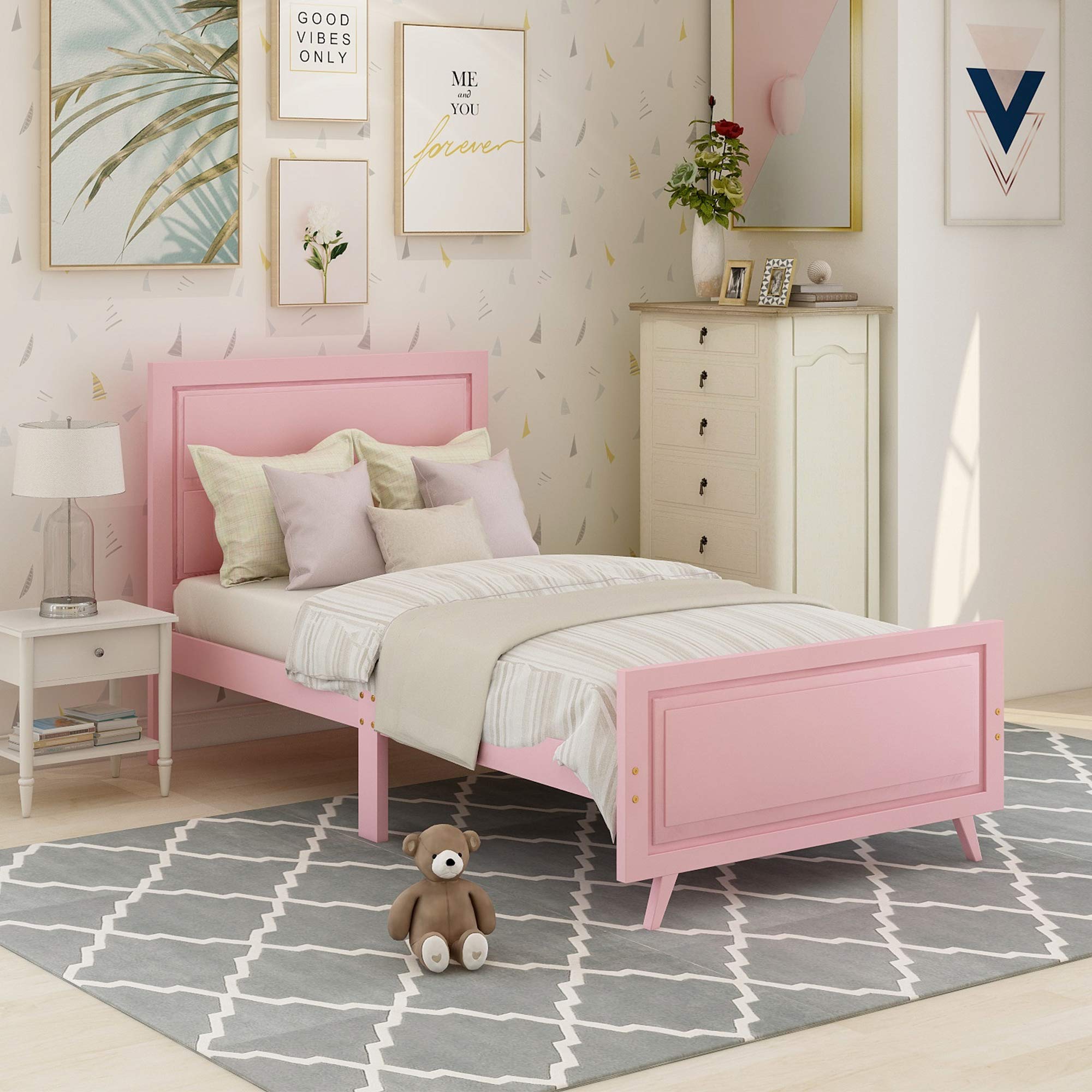Pink Wood Platform Bed Frame with Headboard & Slat Support - Twin Size Mattress Foundation for Kids & Teens Bedroom, Dorm Room, or Guest Room