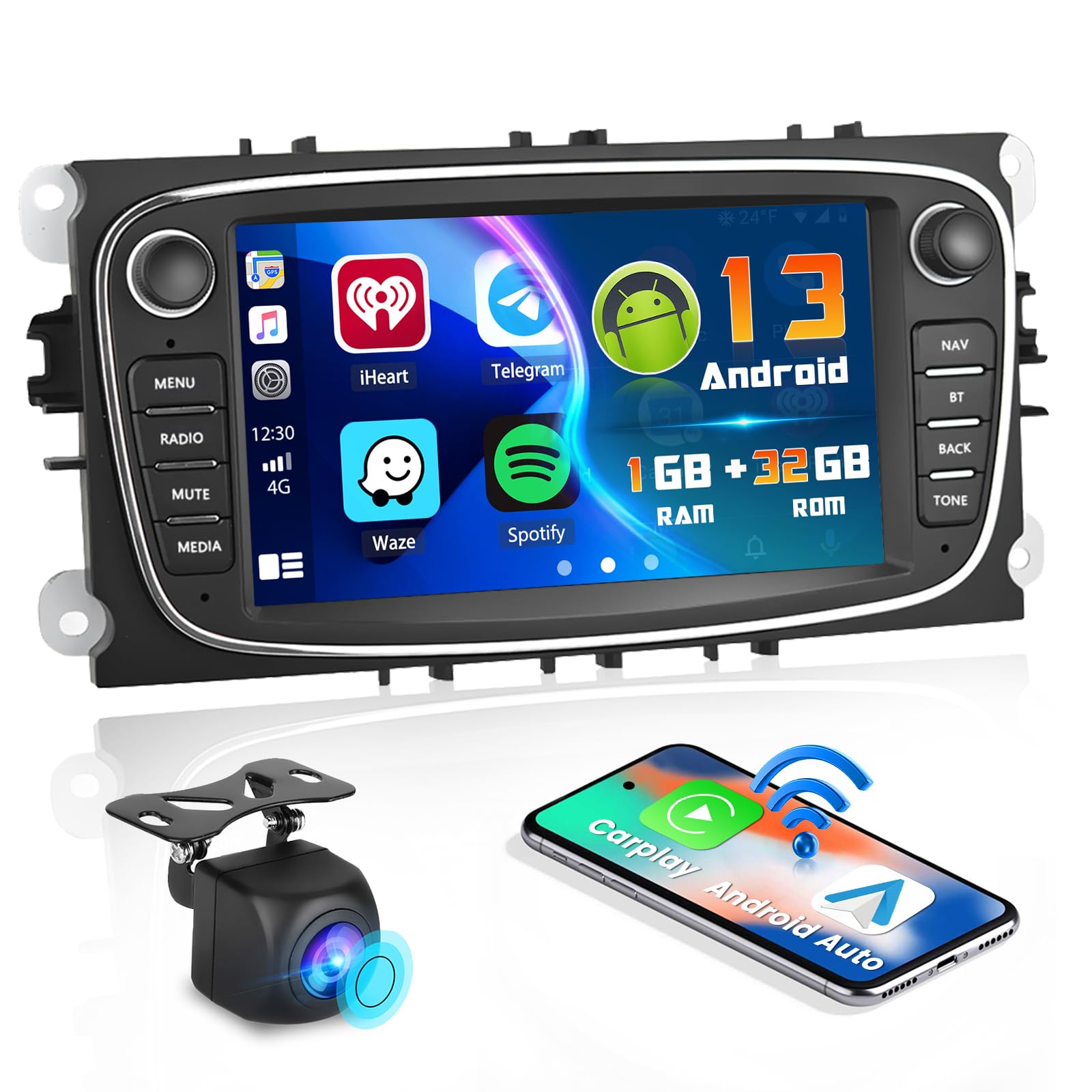Hikity 7 Inch Android Car Stereo for Ford Focus S-Max Mondeo Galaxy II C-Max Kuga - Touchscreen Radio with CarPlay Android Auto GPS Navigation WiFi Backup Camera HiFi FM RDS SWC - Perfect for Upgrading Your Ford Car Entertainment System